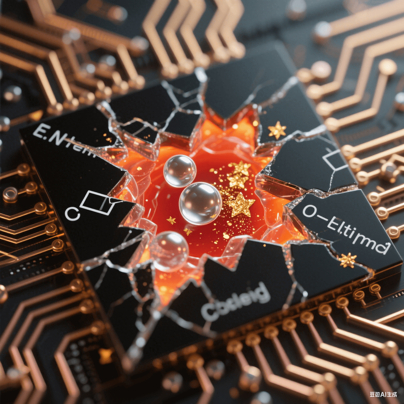 黑色電路裂紋中透明微膠囊破裂釋放液態(tài)銀球與金粉，橙紅聚合光暈沿銅網(wǎng)格擴(kuò)散