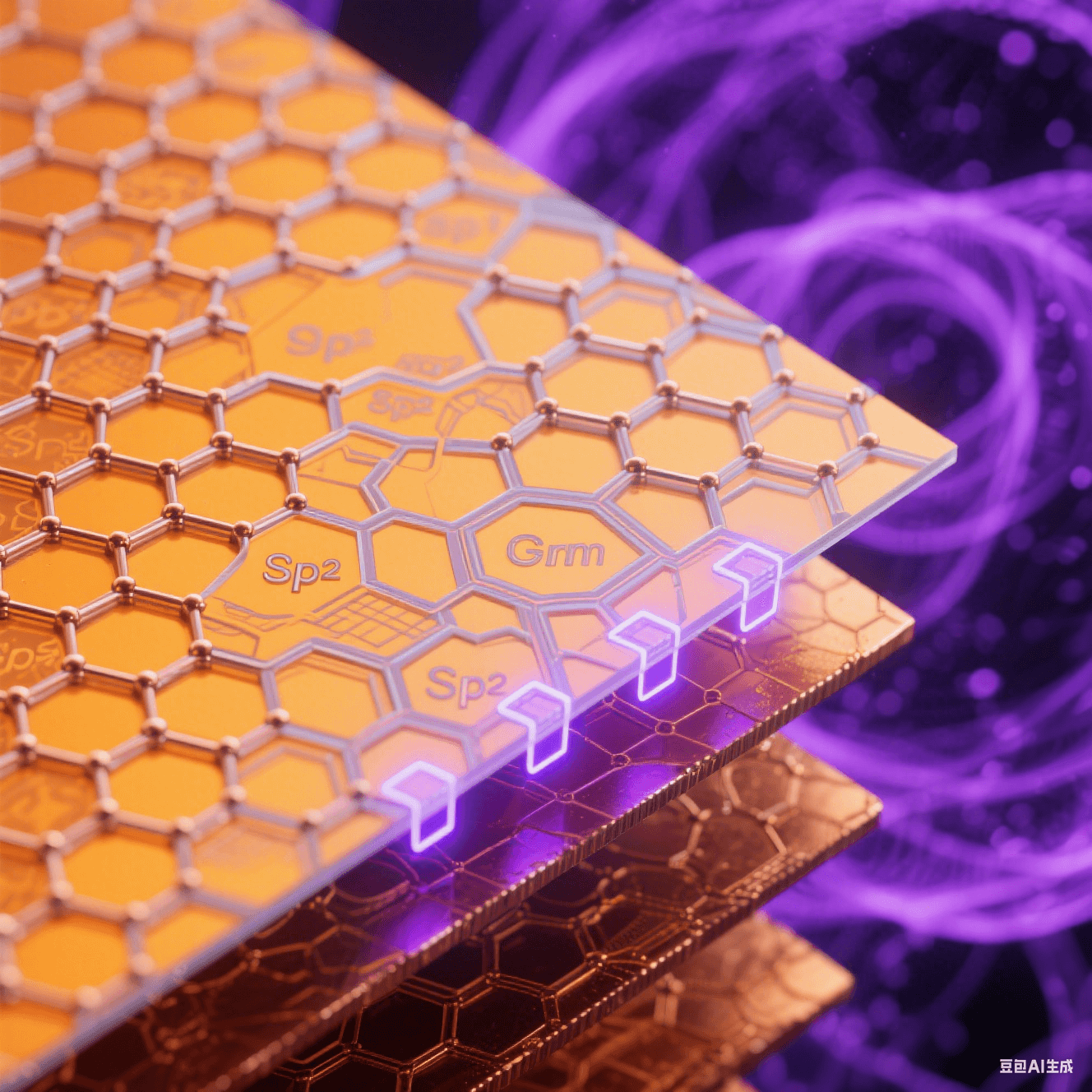 透射電鏡風(fēng)格界面層：橙黃銅晶格表面覆蓋碳六邊形網(wǎng)絡(luò)，鍵合處泛藍(lán)紫量子輝光，深紫電子云背景