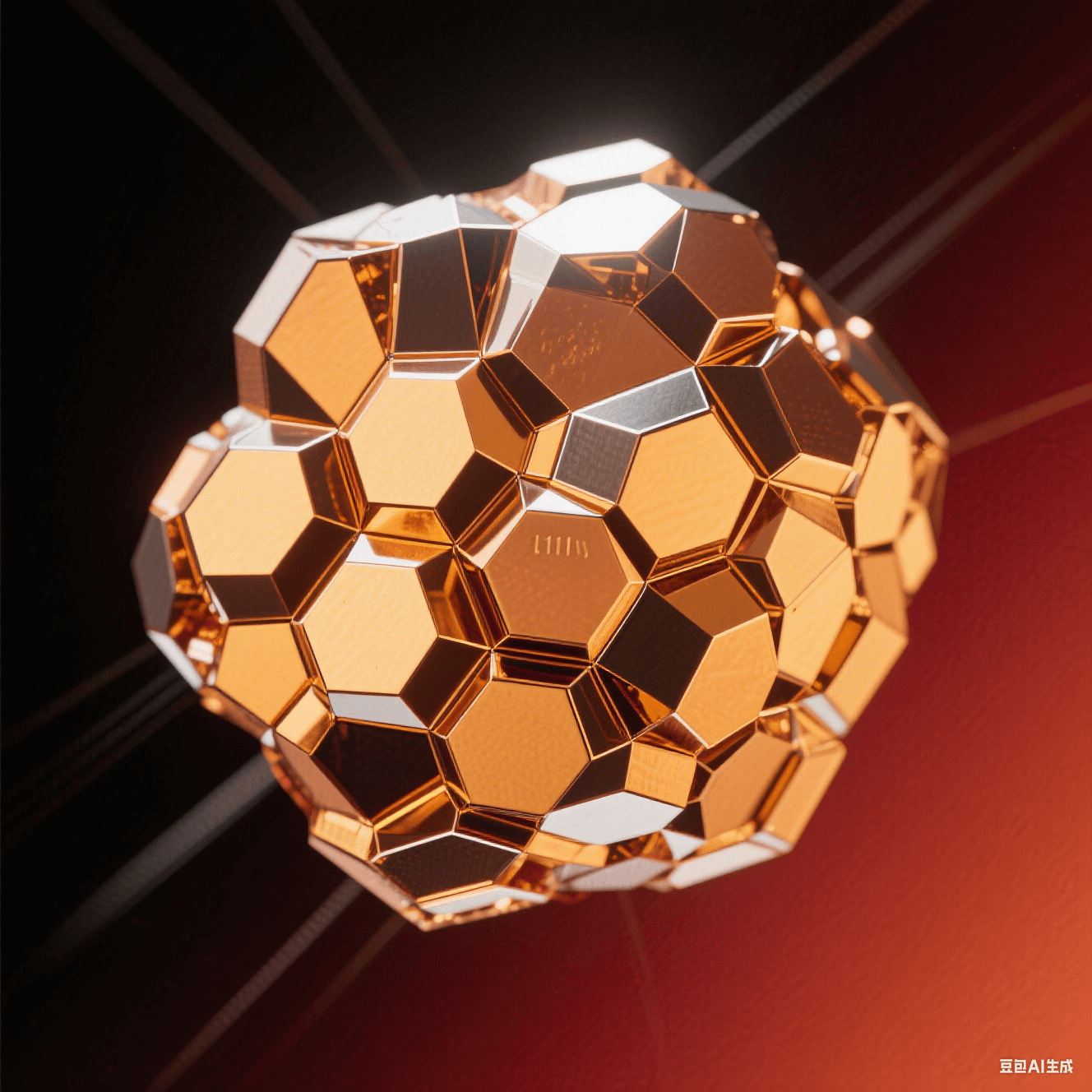 藝術(shù)化銅晶體顯微圖：暖金色等軸晶粒緊密鑲嵌，六邊形晶面反射定向光束，深紅背景強(qiáng)化金屬晶界光澤