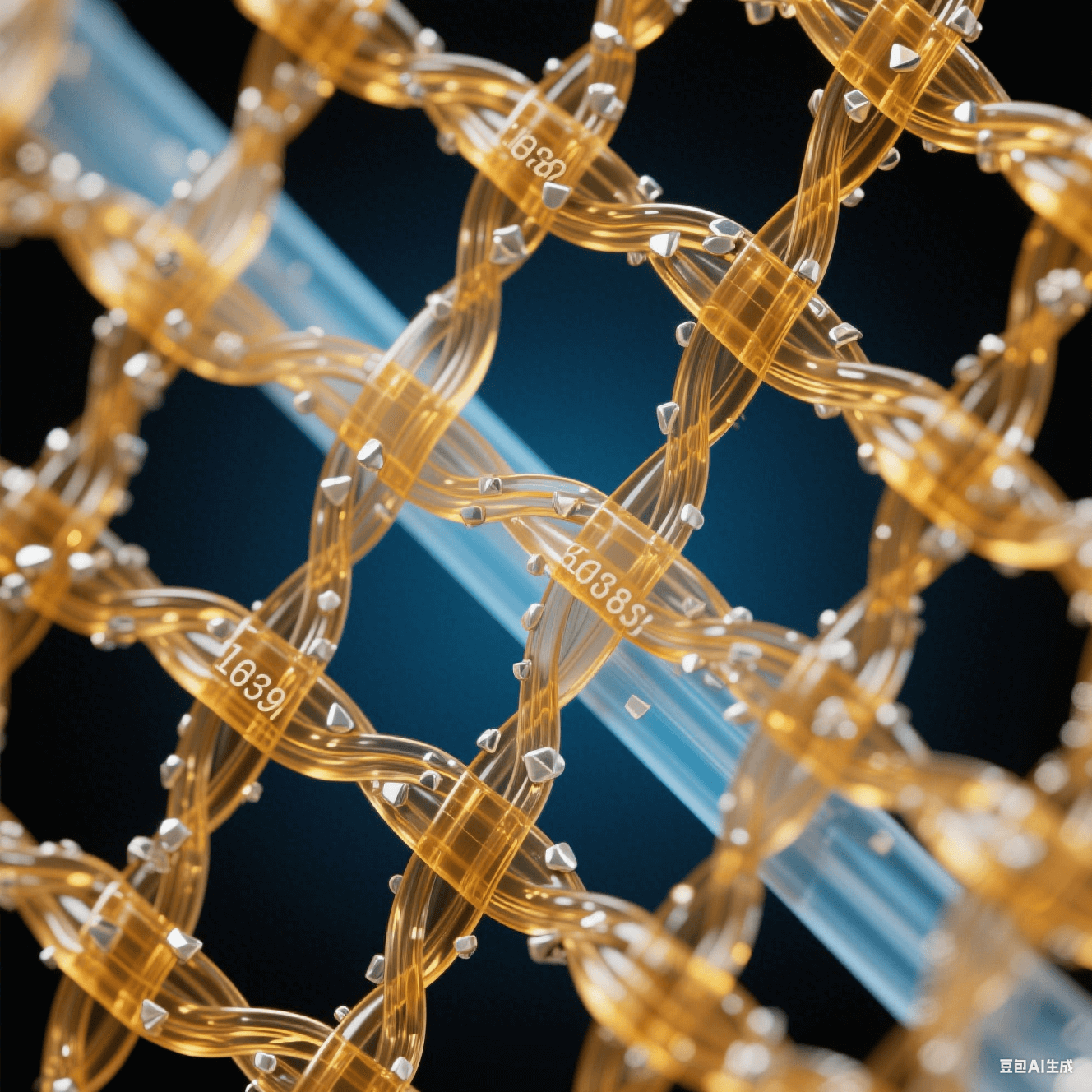 透明玻璃纖維束嵌入琥珀色環(huán)氧樹脂網(wǎng)格，表面附著銀白色納米顆粒，冷藍(lán)背光突顯三維網(wǎng)狀復(fù)合結(jié)構(gòu)