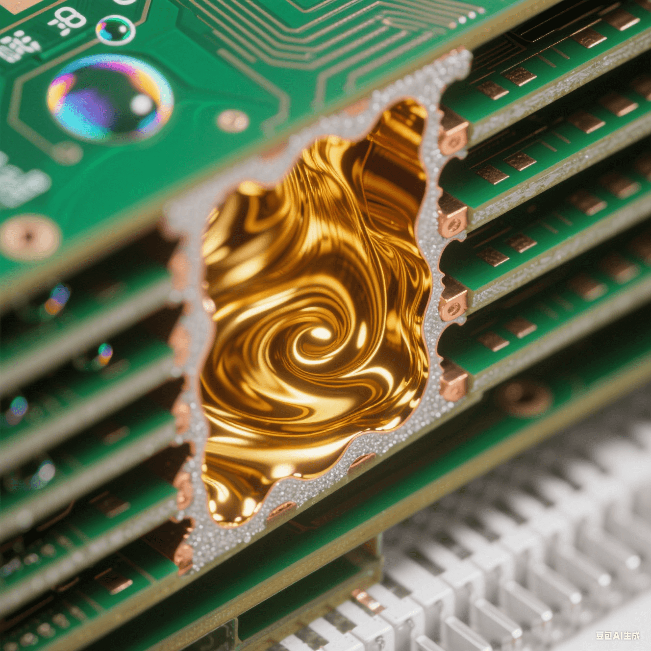 顯微視角下黃金電解液填充HDI板微孔的過程，鏡面銅層沉積于孔壁，多層啞光綠阻焊與古銅導電層交替，呈現高密度互連板的脈沖電鍍填孔先進工藝