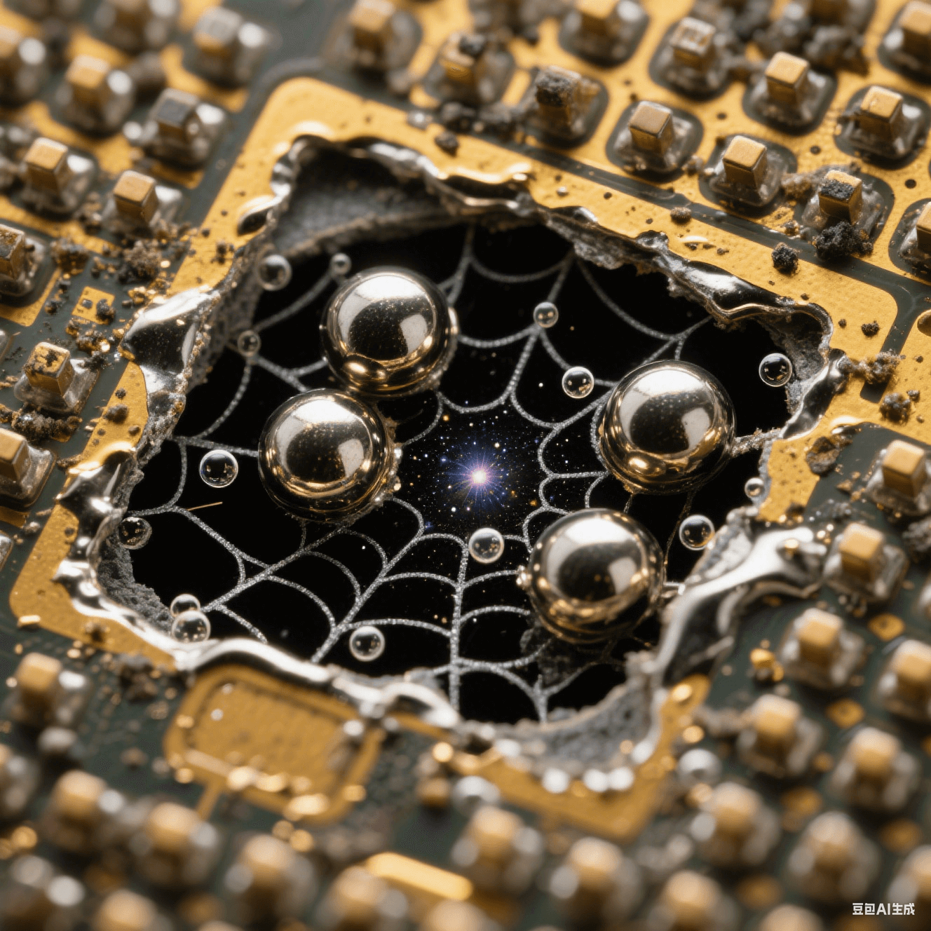 球柵陣列焊點剖開顯露黑色蛛網空洞，錫球內氣泡星云狀分布，鍍金焊盤殘留污染物，熔融焊錫鏡面反光深焦透視