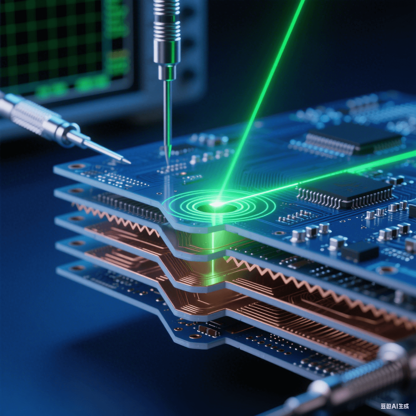 透明多層PCB剖面鋸齒銅層結構，綠色激光在過孔處反射形成漩渦，銀色探針接觸測試點，鈷藍背景虛化示波網格