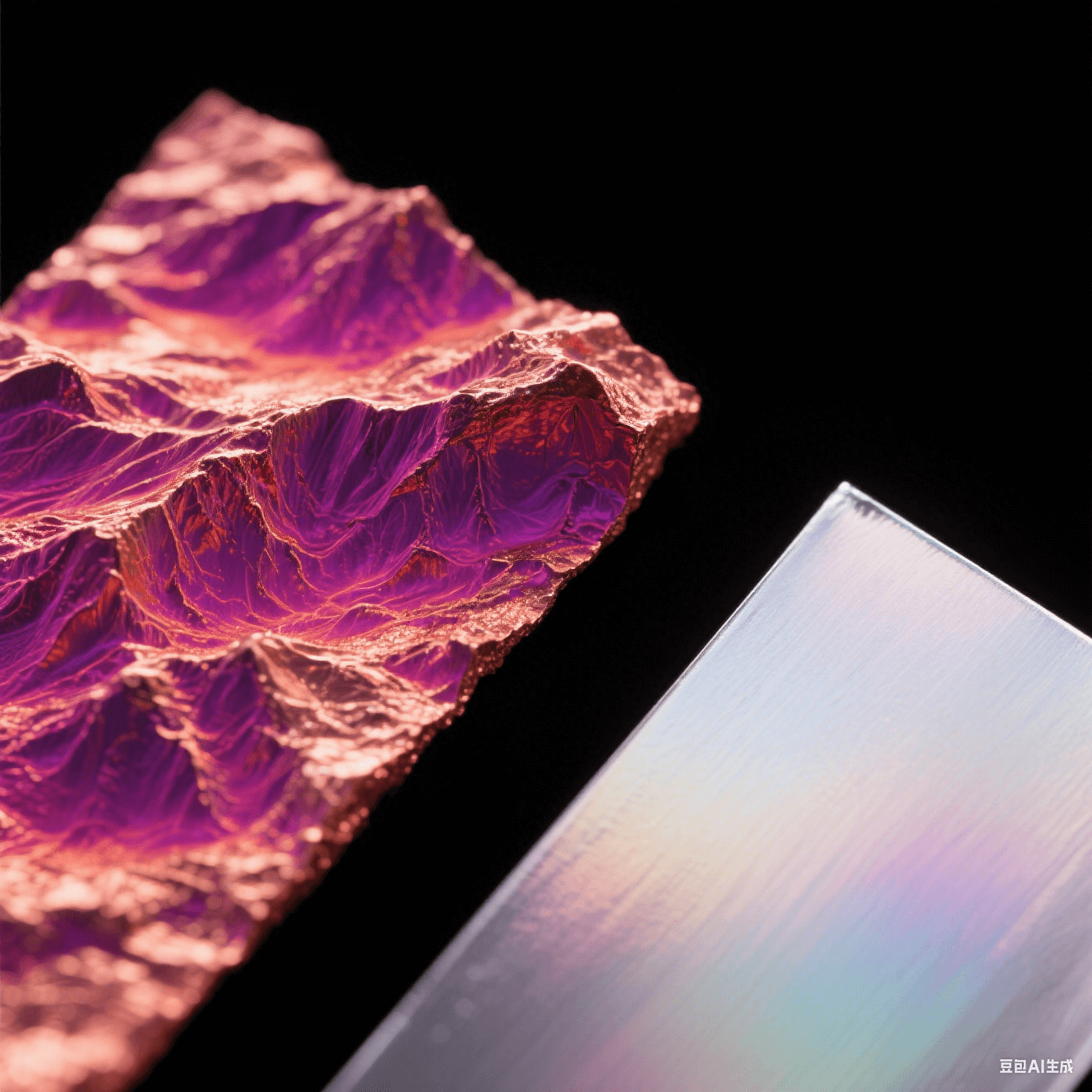 電子顯微鏡下粗糙與光滑銅箔對比，紫紅熱力圖標示局部高溫，冷銀色鍍層泛虹彩光澤，黑色背景突顯微觀表面結構