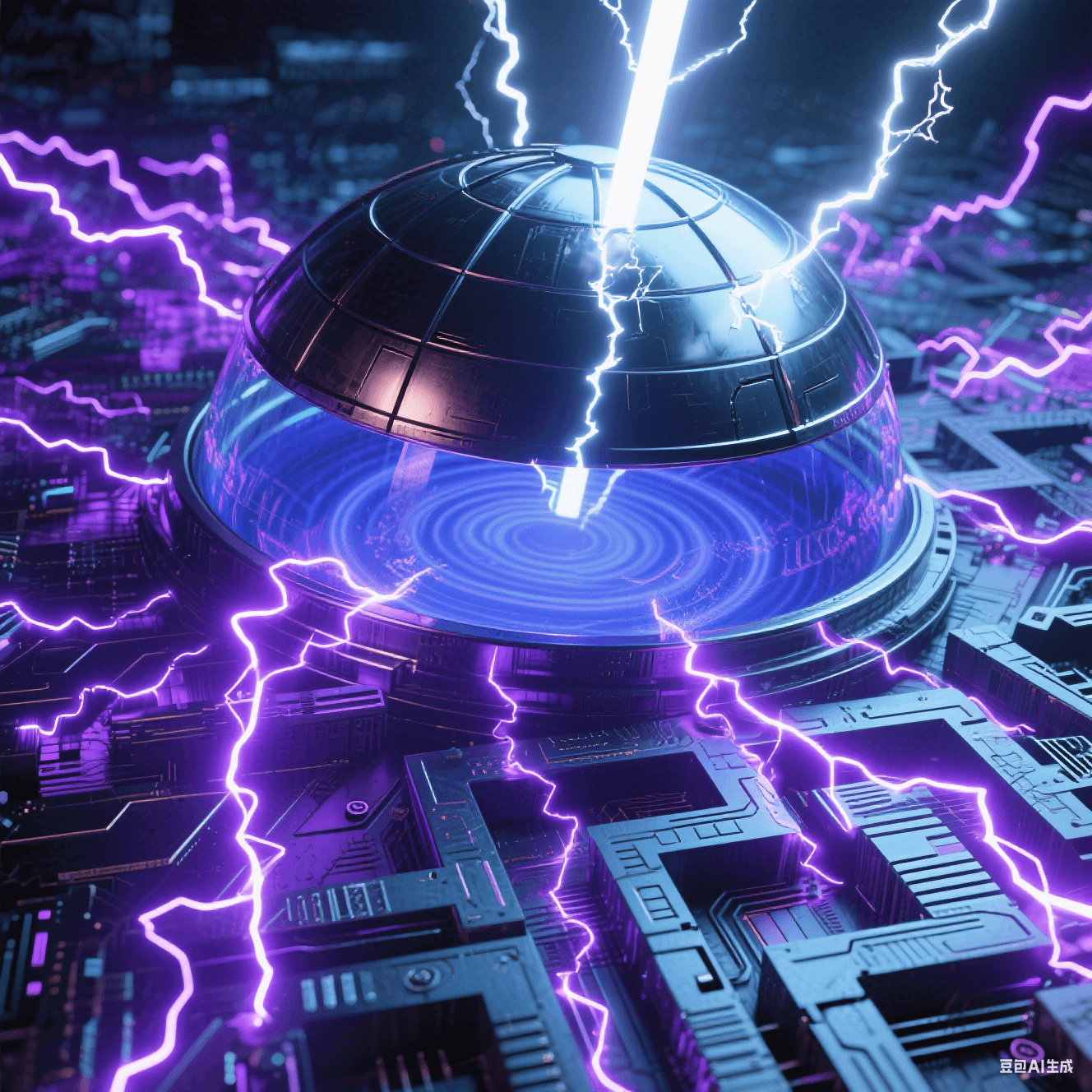 密集紫色電弧在電路間跳躍，金屬穹頂籠罩后衰減為藍色漣漪，穹頂裂縫輻射熾白光束，熔融金屬與冷電路背景碰撞