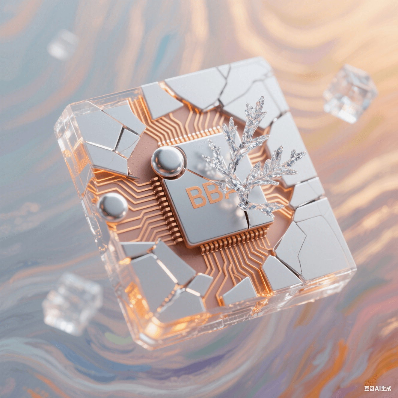 銀白色 BGA 焊球裂痕內生長冰晶錫枝，暖橙光霧暈染邊緣，漸變背景呈莫奈風格，半透明幾何體與光絲矩陣構成的幾何解構畫面