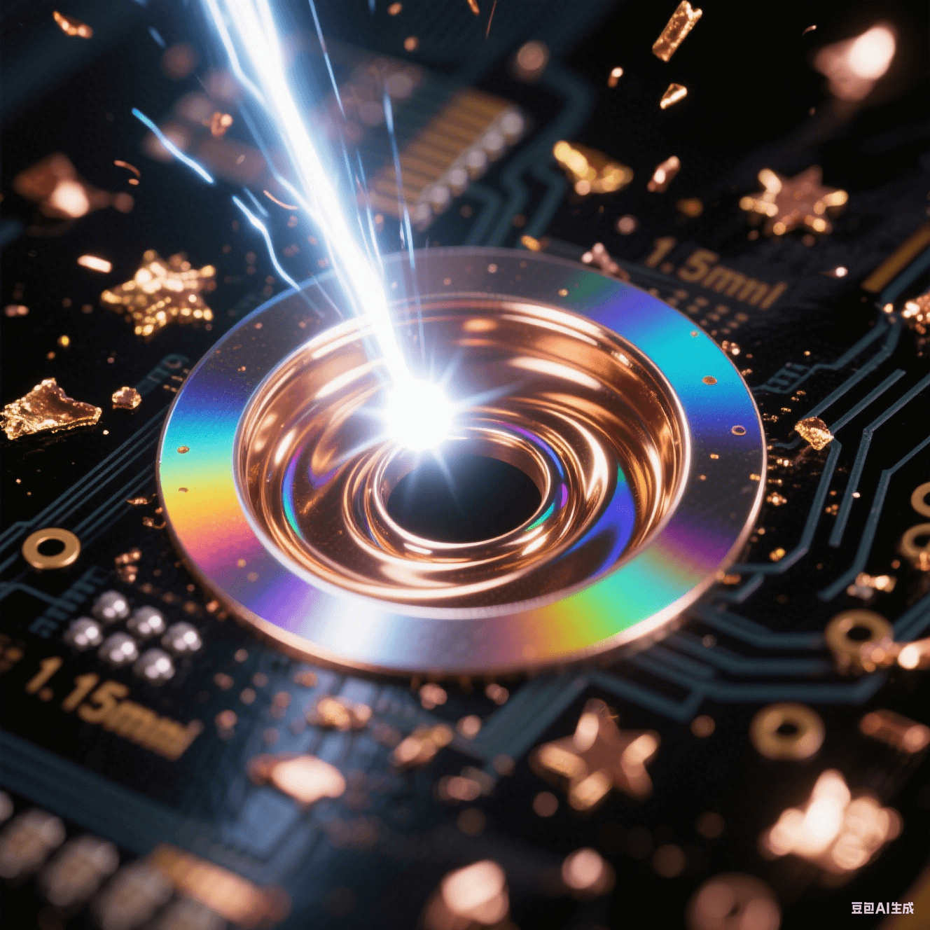激光鉆孔微距視角 - 紫外激光束聚焦 0.15mm 孔徑 - 熾白能量光斑 - 孔壁鏡面拋光反射七彩虹光 - 深空黑背景 - 金色銅屑星塵 - 孔內化學鍍銅液液態金屬漩渦