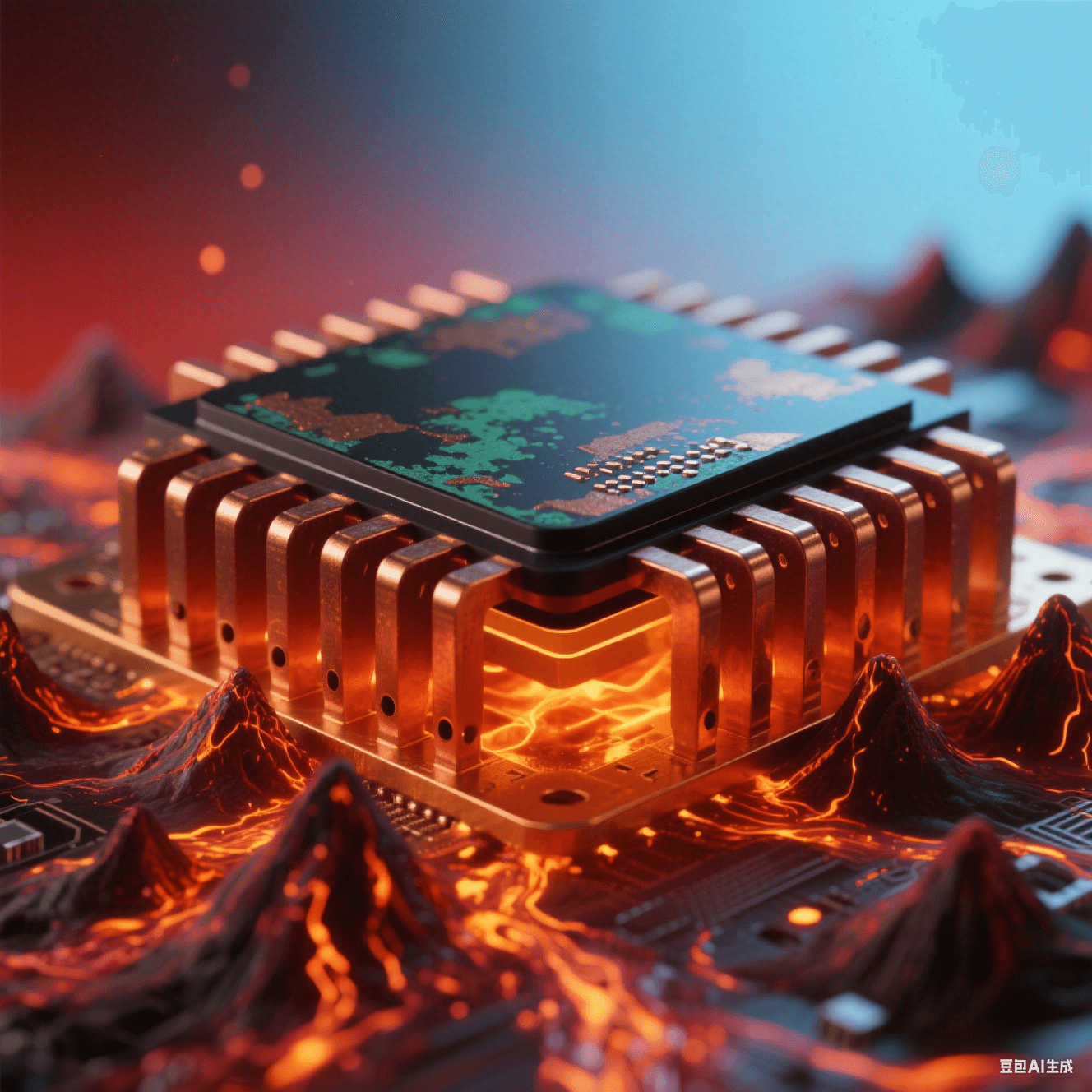 陶瓷黑芯片底部延伸赤銅散熱片，密集火山狀散熱孔噴發橙紅粒子流，熔金液態銅箔蒸騰熱浪，氧化銅綠斑與金屬反光在紅藍漸變背景中交織