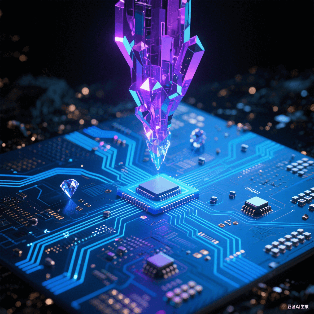 幽藍HDI基板中百萬微孔構成三維神經網，虹彩偏光細線交織，懸浮鉆石微粒電容脈沖藍光，分形紫晶毫米波導結構矗立于金屬粉塵暗背景