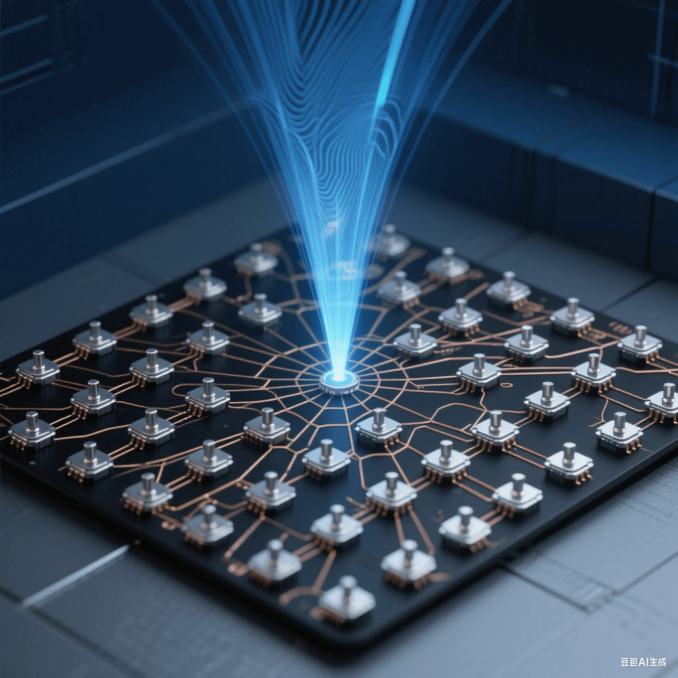 俯視視角的 5G 基站陣列，256 個銀色金屬觸點呈蜂巢矩陣排布，微米級銅線交織，漸變藍光束狀毫米波信號形成干涉波紋，背景深空藍與霧灰色模擬信號穿墻衰減