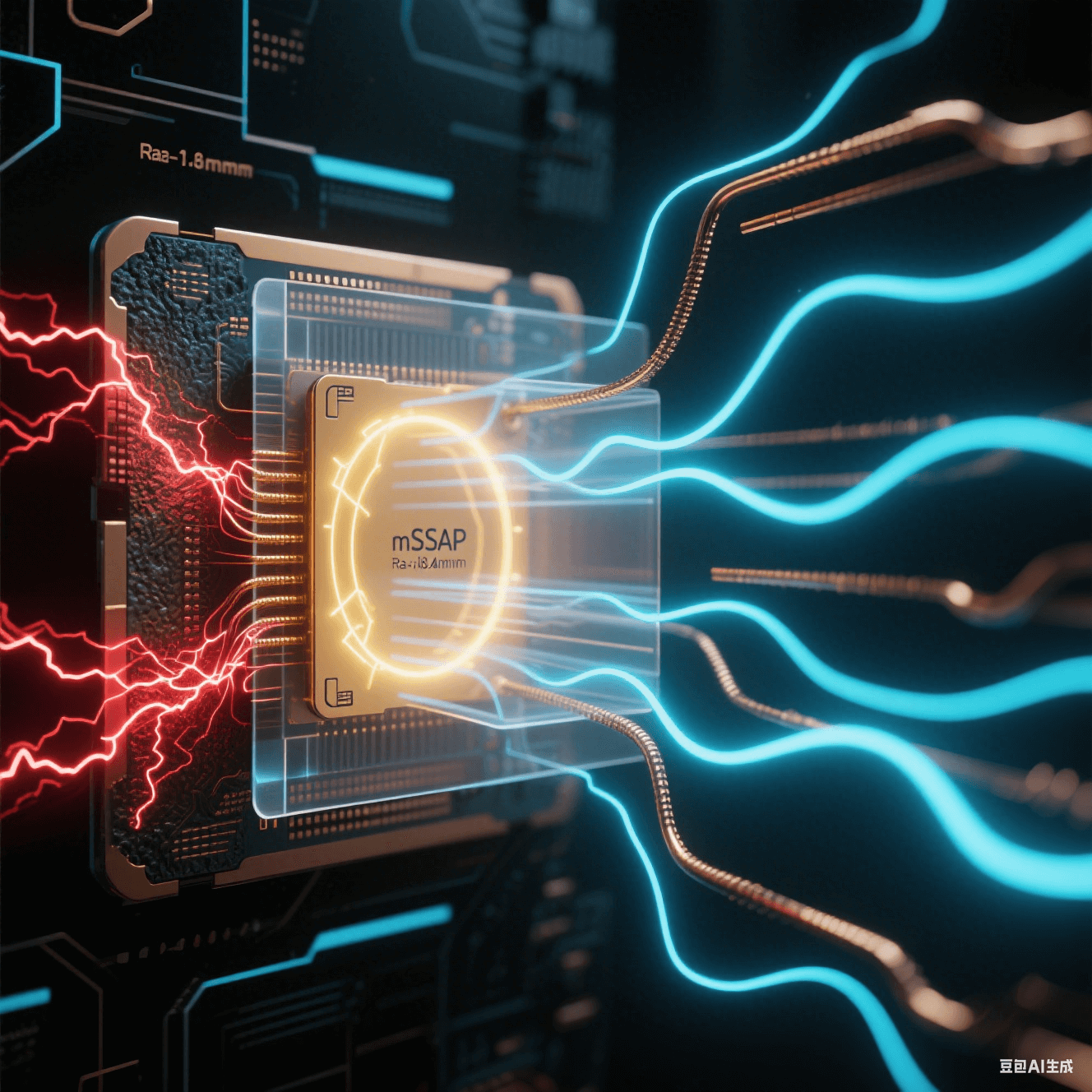 暗黑空間中高頻信號傳輸對比，左側粗糙銅線（Ra>1.8μm）電流紊亂如紅色閃電，右側 mSAP 光滑銅線（Ra<0.4μm）電流均勻如藍色絲綢，金色電磁波束穿透透明介質