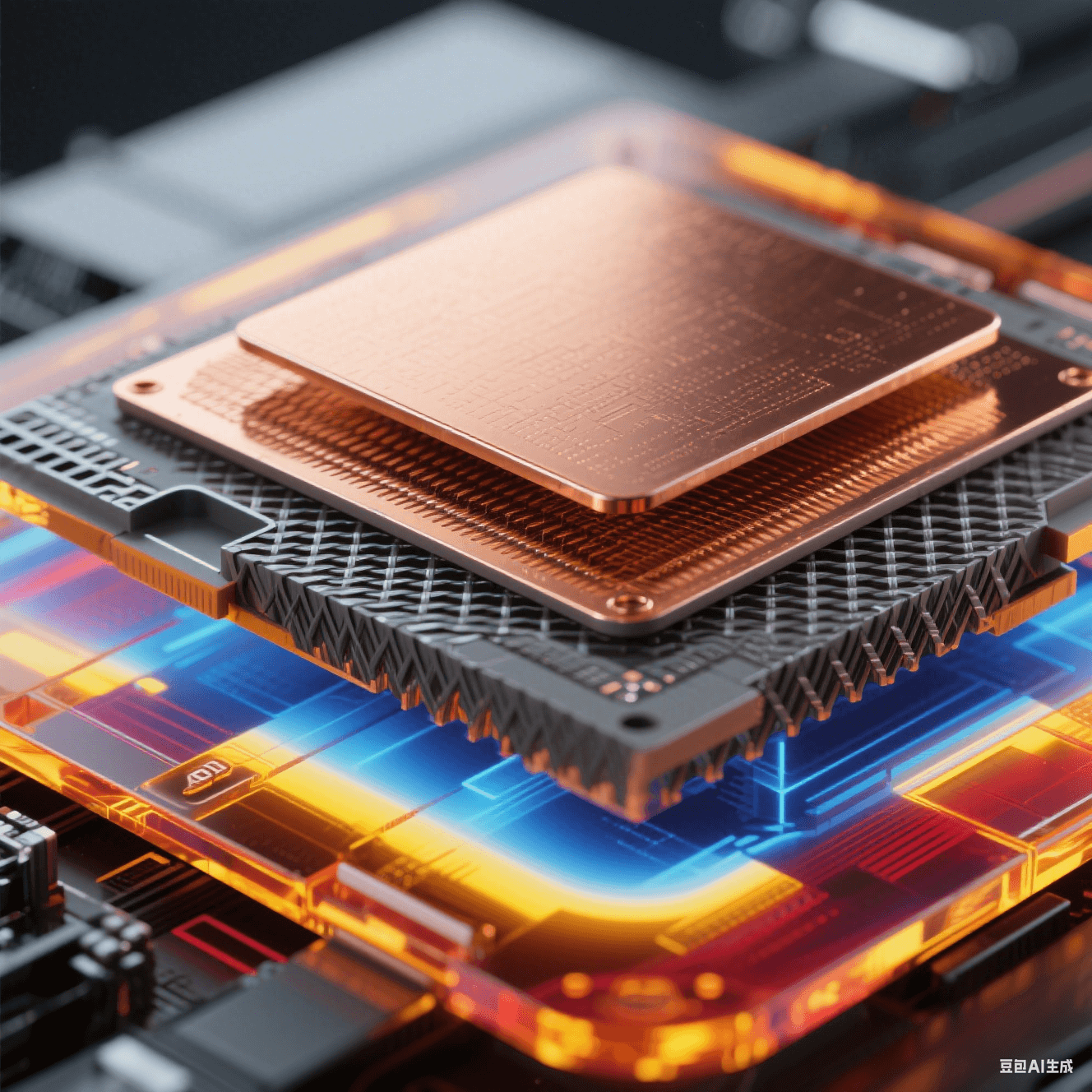 爆炸式解構視圖展示材料創新，中心 ALD 超薄銅膜（<50nm）呈分子級紋理，中層 BT 樹脂顯玻璃纖維結構，外層 LCP 材料帶透明琥珀光澤，邊緣有藍紅黃紅外熱成像色斑