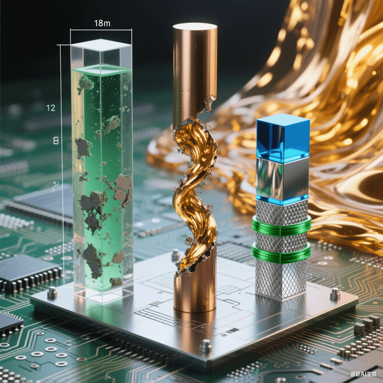 科技實驗場景：電路板上三柱對比——左柱封存綠液殘渣，中柱銅體斷裂迸發金色流體，右柱藍光-銀網-綠環有序堆疊，背景熔金象征突破
