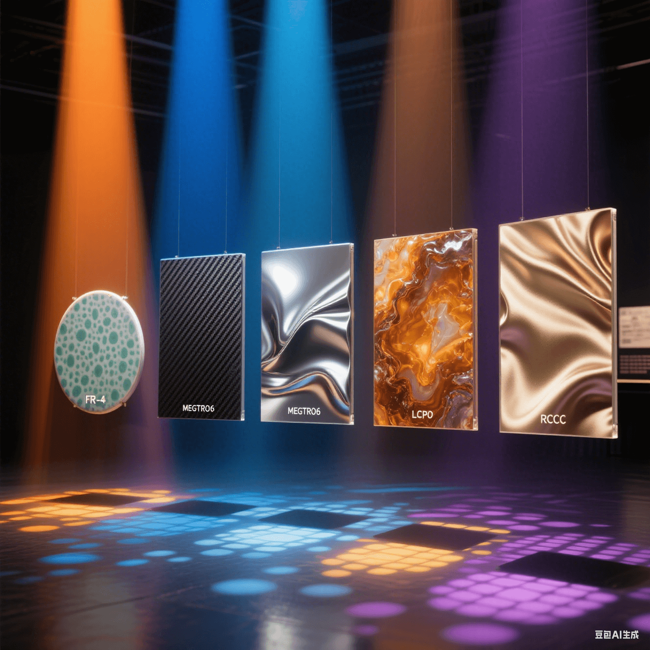 斑駁青瓷紋/碳纖紋/液態金屬/琥珀瑪瑙紋/絲綢褶皺肌理，被橙藍金銀紫光束穿透，地面投影各異光斑形態