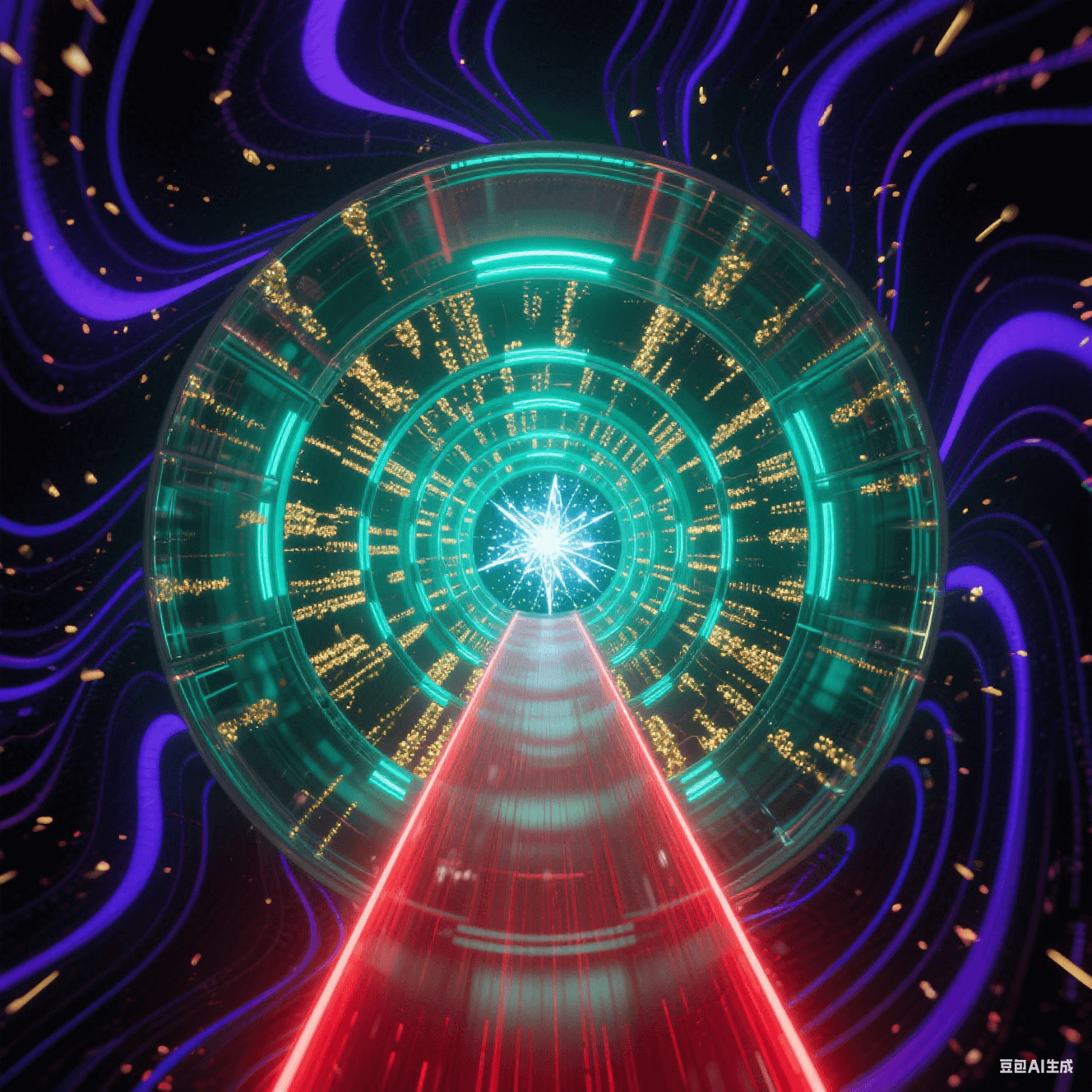 透明隧道壁嵌自旋金粒子陣列，外部紫黑波紋撞擊濺射靛藍漣漪，中央猩紅光束直線疾馳，壁面折射無限延伸的熒光綠遞歸結構