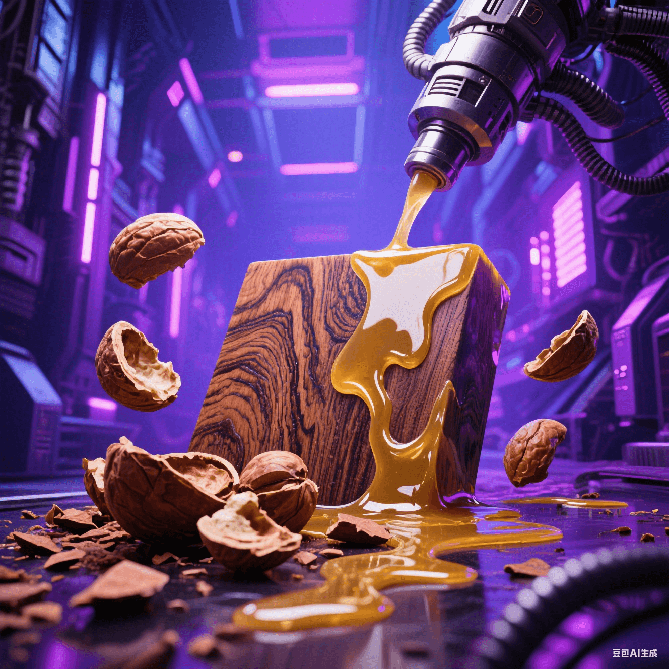 生物基樹脂合成：腰果殼原料（棕褐色有機碎片）融入金色液態(tài)樹脂，木紋肌理與環(huán)氧流光交融