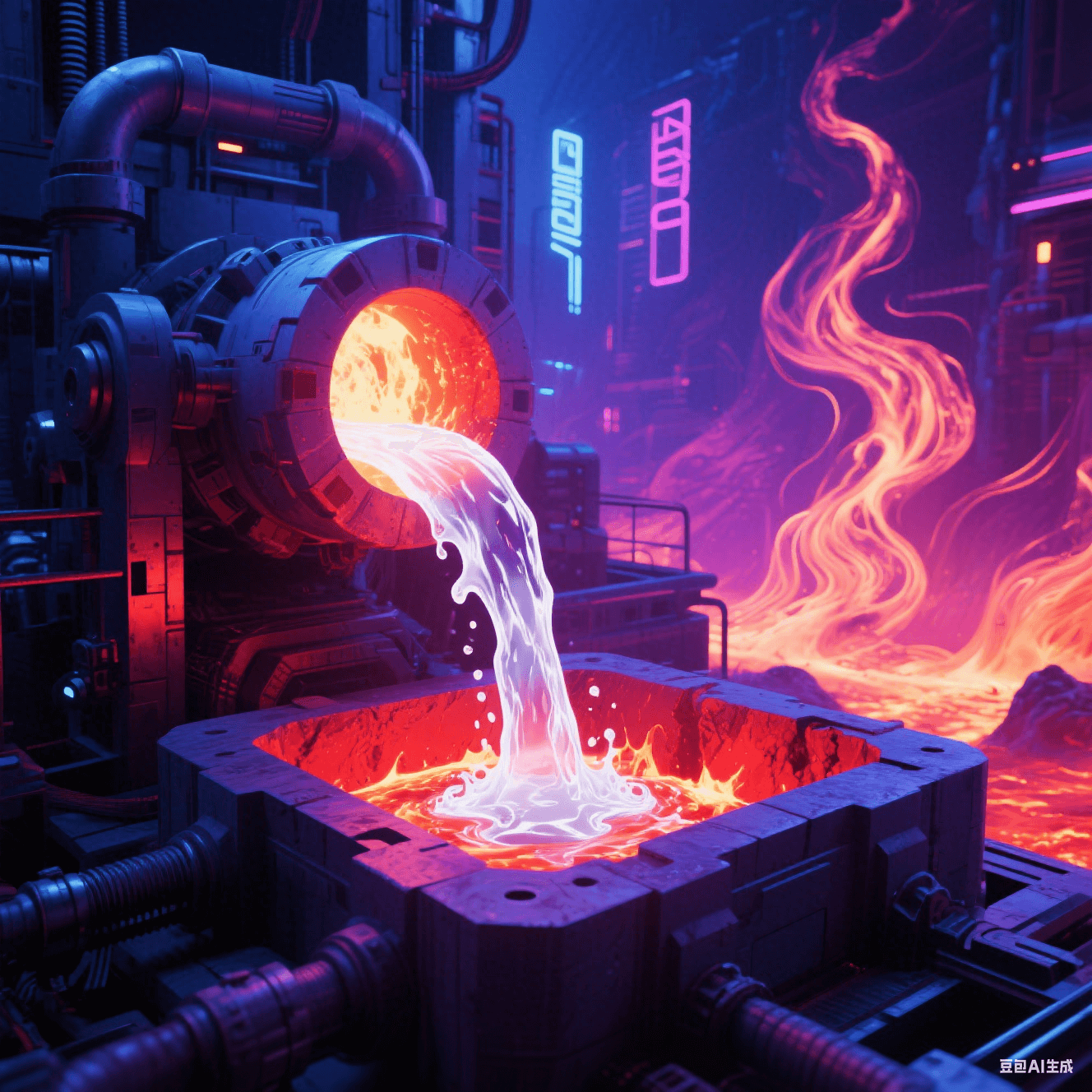 玻璃纖維熔爐：1400℃熾白巖漿狀玻液流入暗紅模具，背景扭曲熱浪  