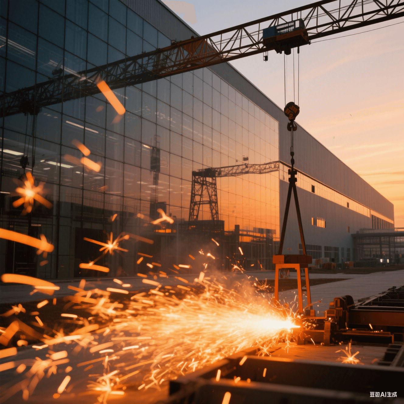 晶圓廠全景,玻璃幕墻映出擴產基地輪廓,吊車剪影與橙色焊光交錯 晶圓廠全景,玻璃幕墻映出擴產基地輪廓,吊車剪影與橙色焊光交錯