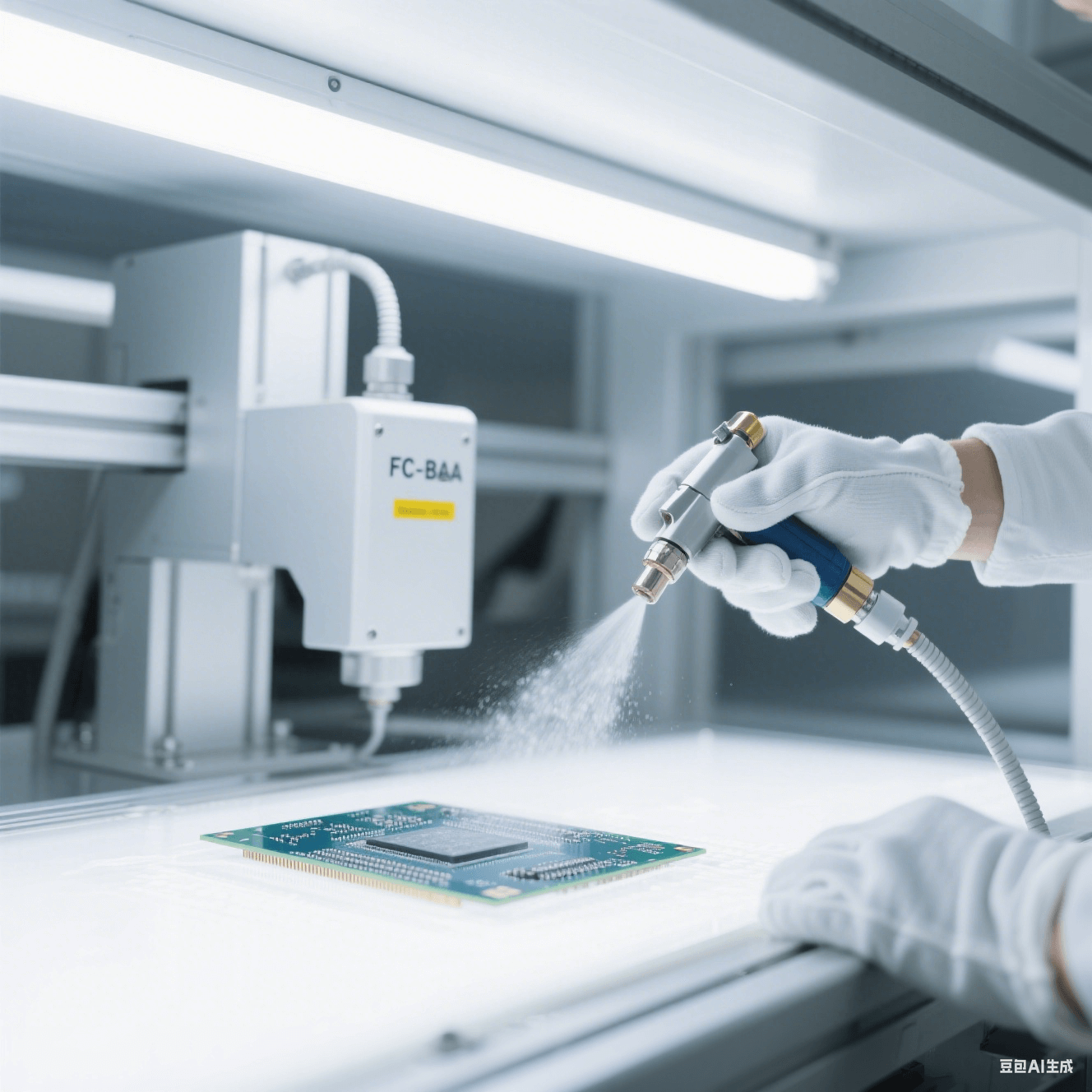 納米級清潔處理中的 FC-BGA 基板：基板置于超凈工作臺，清潔設備噴頭噴出細小液霧，工作人員戴專業手套操作，場景在白色潔凈燈光下，凸顯精細專業的清潔氛圍。