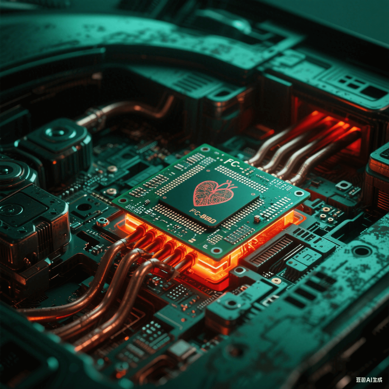 智能汽車電子艙透視視角,FC-BGA基板如心臟跳動,散熱銅管泛紅橙光暈 智能汽車電子艙透視視角,FC-BGA基板如心臟跳動,散熱銅管泛紅橙光暈