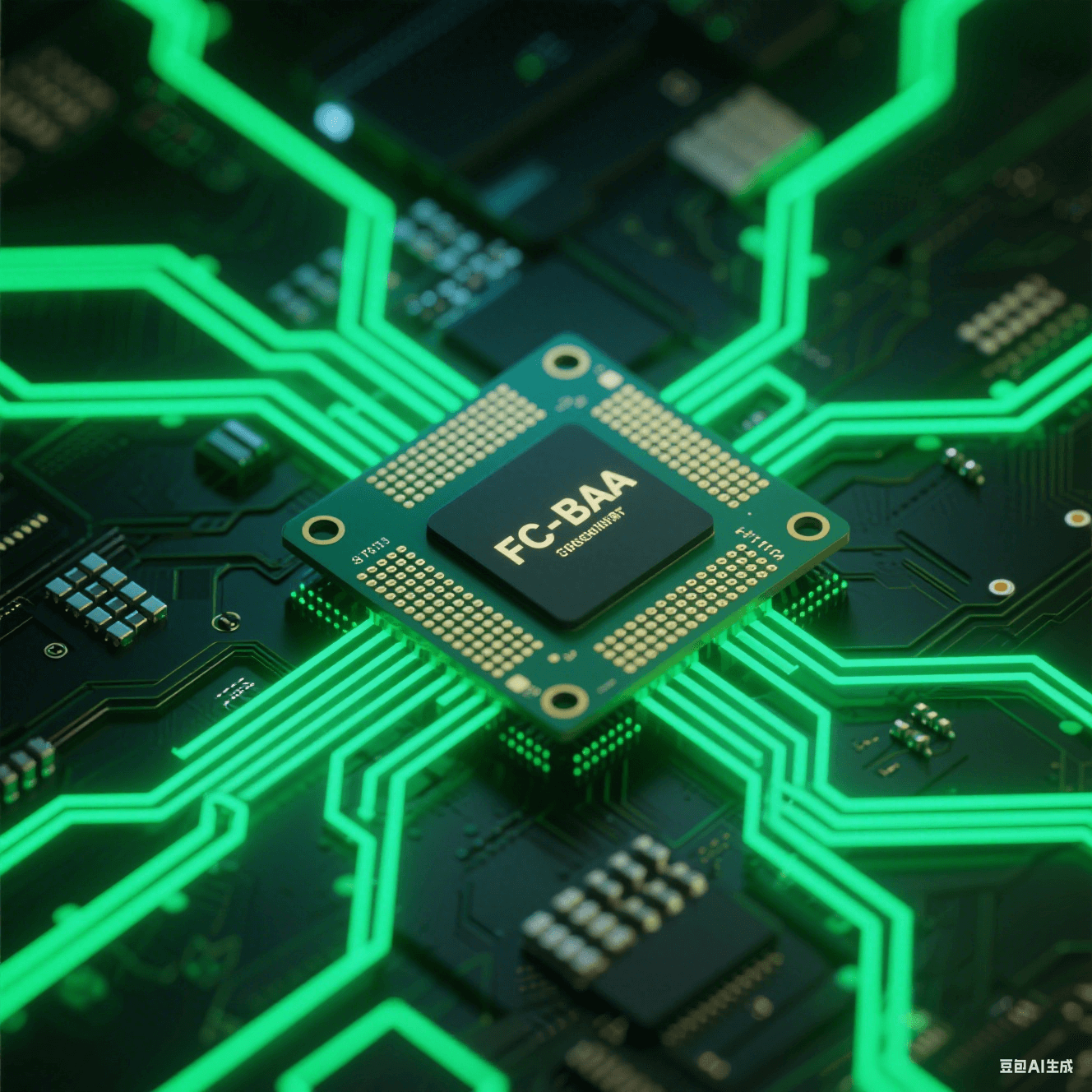 FC-BGA 基板與新型電路板集成特寫：兩者緊密連接，線路交錯有序，新型電路板外觀獨特，在綠色科技光線下，展現集成的創新性與科技感。