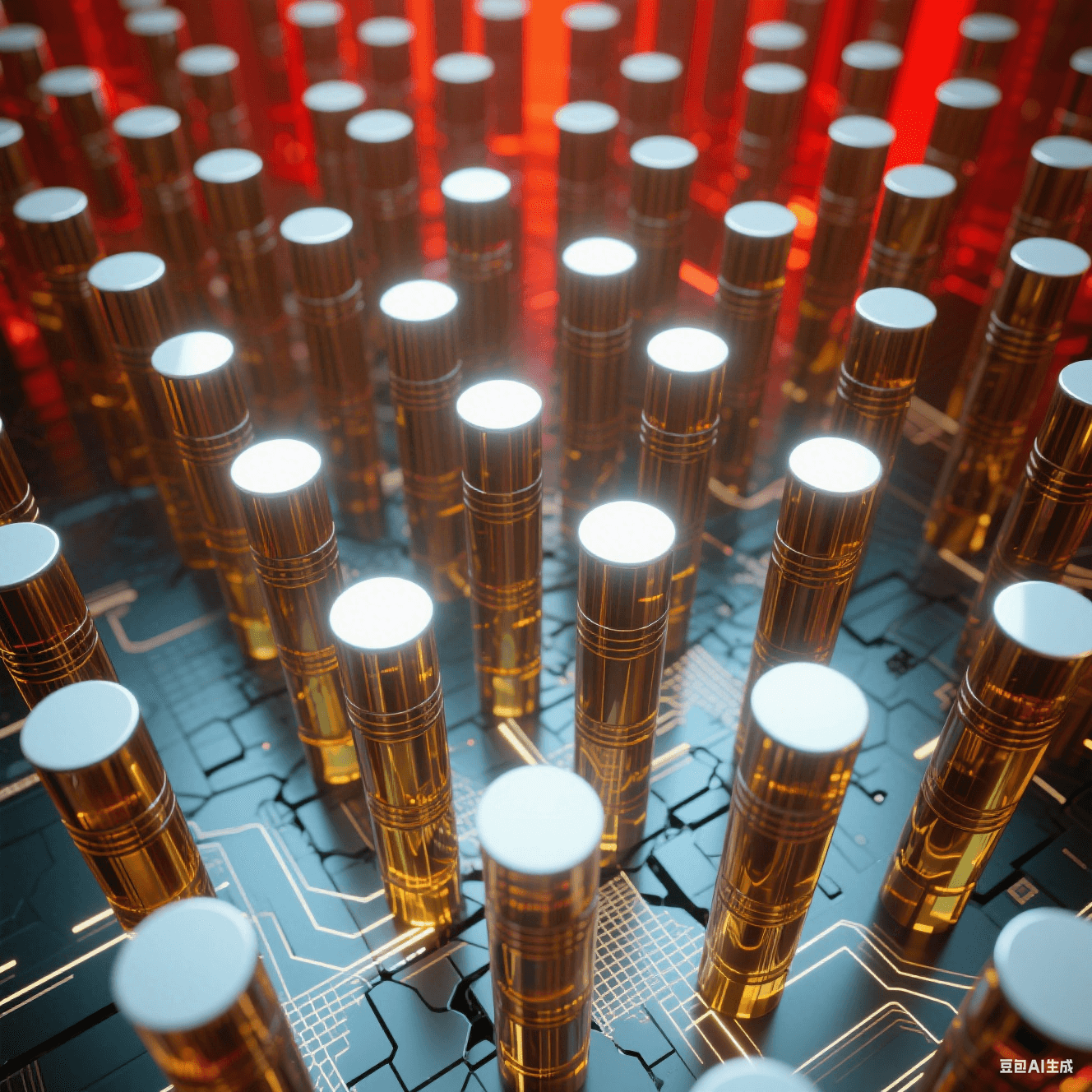 數百根青銅色圓柱從透明琥珀基材中破壁而出，柱頂平面反射環境光形成白色高光點。柱體側壁有精密車削紋理，背景虛化為熾紅色熱成像色塊，底部隱約透出網狀電路熒光。