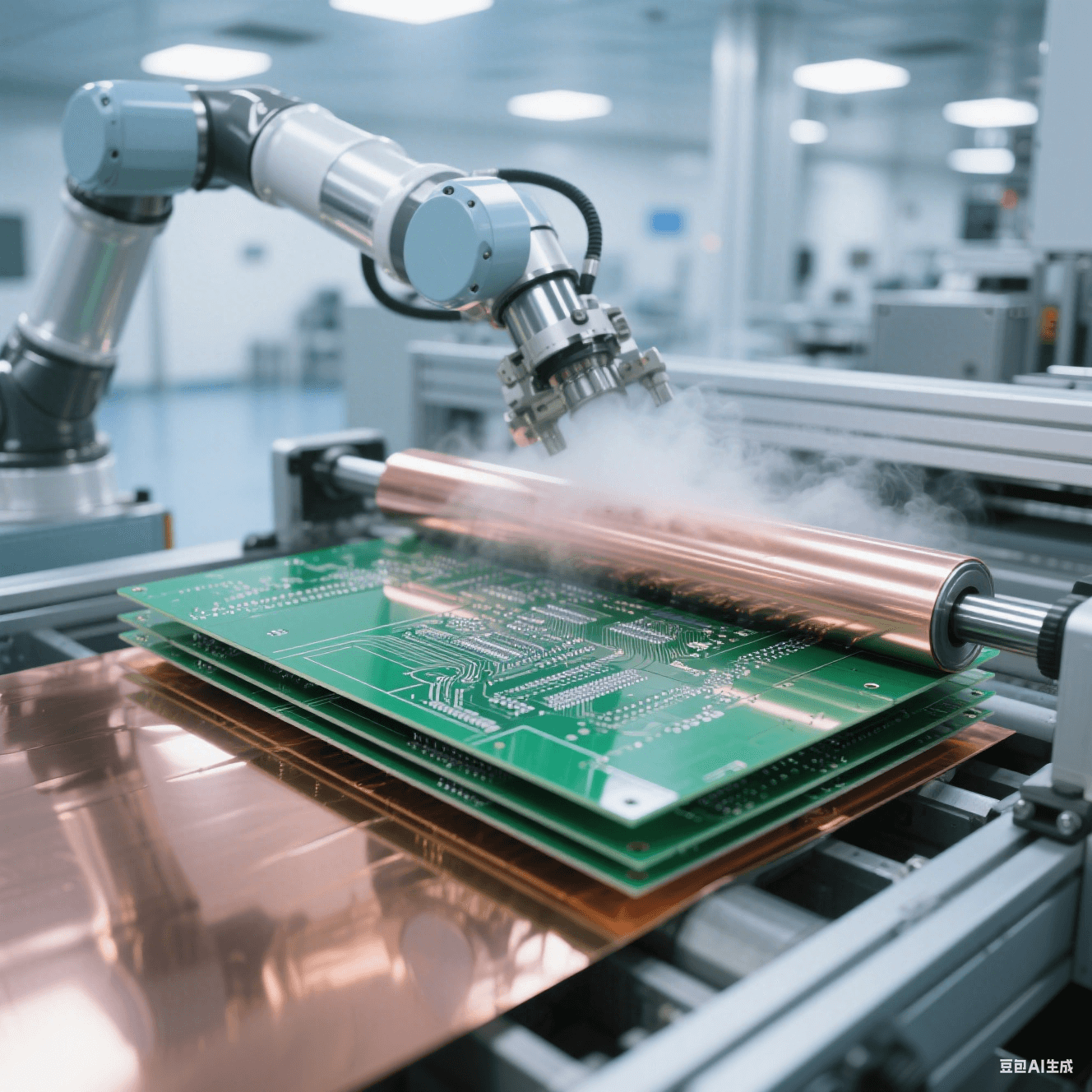 無塵車間機械臂壓合電路板：翡翠綠基板與古銅色銅箔在金屬輥壓力下融合，虹彩反光流動于表面，藍灰工業色調中突出鏡面接觸細節