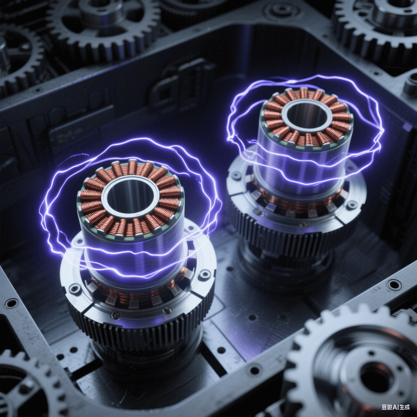 深灰機床腔體內的PCB 線圈板諧振供電系統，兩枚同心銅線圈懸浮，初級線圈帶散熱鰭片，次級線圈旋轉形成殘影光環，間隙躍動藍紫電弧，電磁場呈靛藍漩渦狀包裹設備。