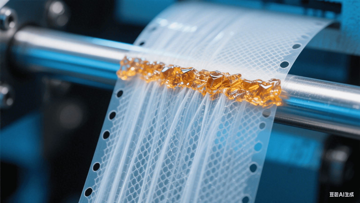 特寫多孔離型膜截面：銀白氣體流柱穿透薄膜網格，孔緣凝固琥珀樹脂晶體，背景液壓桿泛冷藍金屬反光