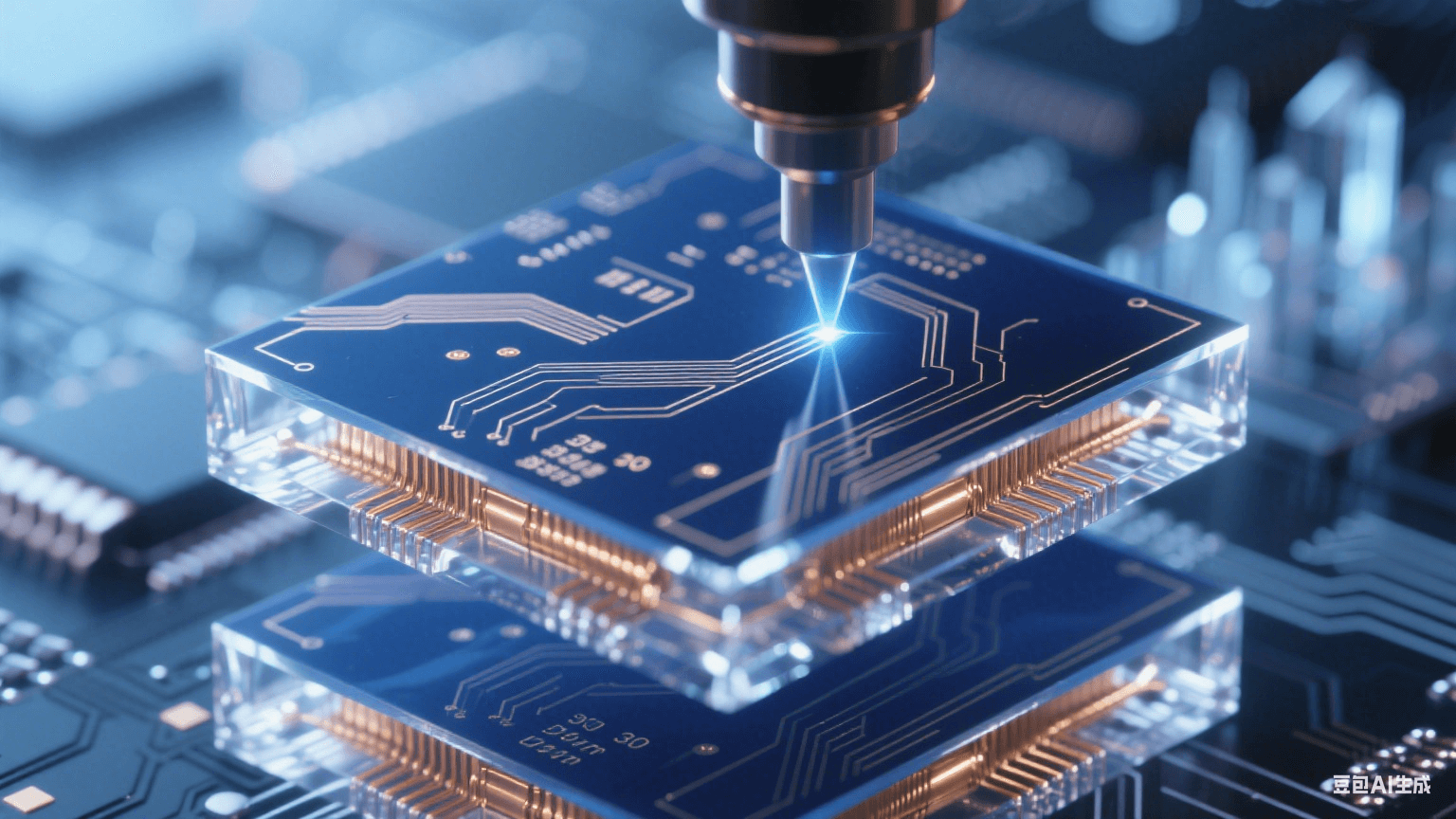 紫外激光束在深藍感光層繪制30μm線寬精密電路，鎏金銅線側(cè)壁呈85°陡直切面，邊緣反射冷白光，背景中多層電路板如水晶城懸浮