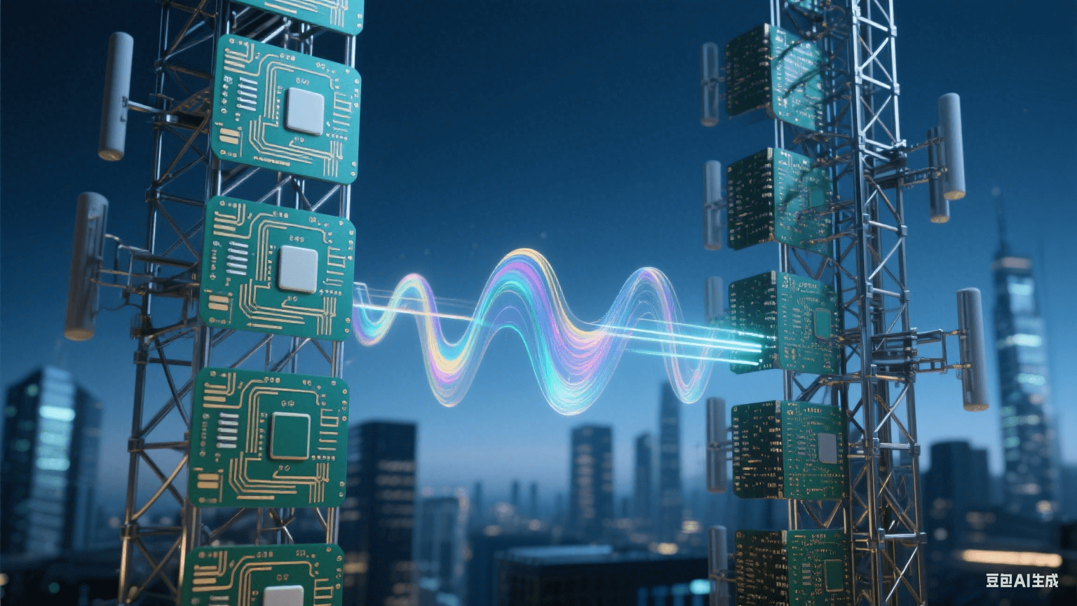 未來主義蜂窩基站，深藍暮光中金屬網格結構散發冷光，多層電路板含翡翠綠與鎏金走線，半透明高頻材質折射虹彩，電磁波脈沖懸浮，搭配光纖質感與陶瓷基板紋理，背景為虛化城市輪廓