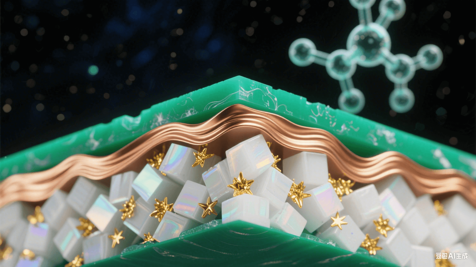 納米級高頻材料橫截面顯微圖，陶瓷填充PTFE基材形成翡翠綠與珍珠白晶體，黃金色導電粒子如星云散布，覆銅層呈熔金流體質感，熱應力波紋以虹彩漣漪呈現，背景懸浮柔光分子結構模型