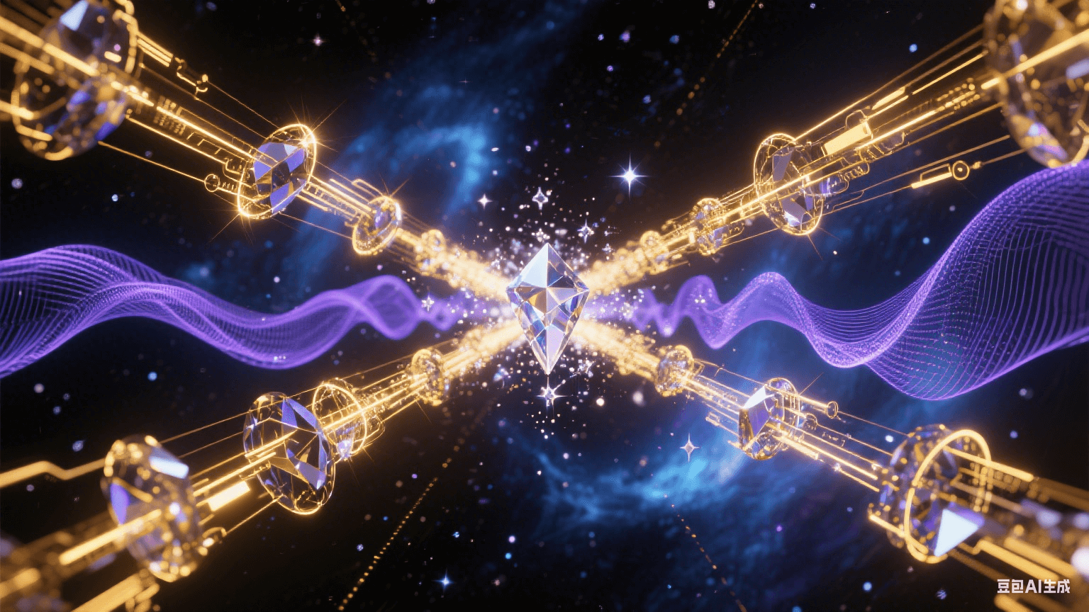 相位穩定抽象科技藝術：水晶狀信號波束在暗宇宙精準同步，黃金色電磁軌道平行延伸，藍紫色相位波紋穩定擴散，背景為量子藍與暗物質黑漸變星云，光束交匯處有鉆石星塵特效