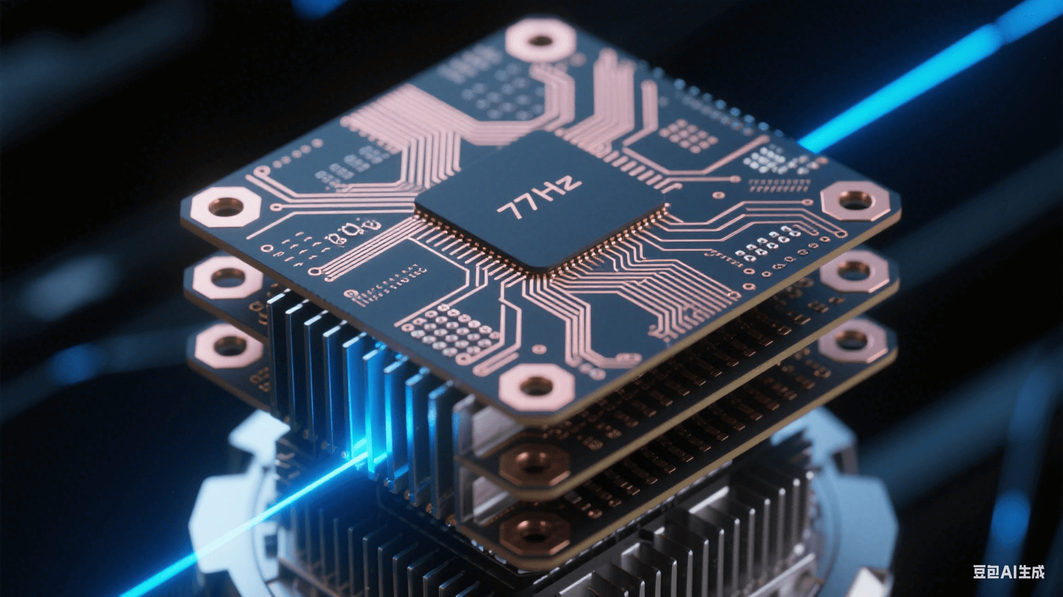 汽車毫米波雷達核心剖面特寫，77GHz高頻電路板立體分層如晶簇，玫瑰金色銅箔嵌入墨玉色基材，幽藍激光束動態顯示信號路徑，散熱鰭片泛冷銀光澤，背景為深空黑與量子藍漸變，過孔呈蜂巢狀幾何結構