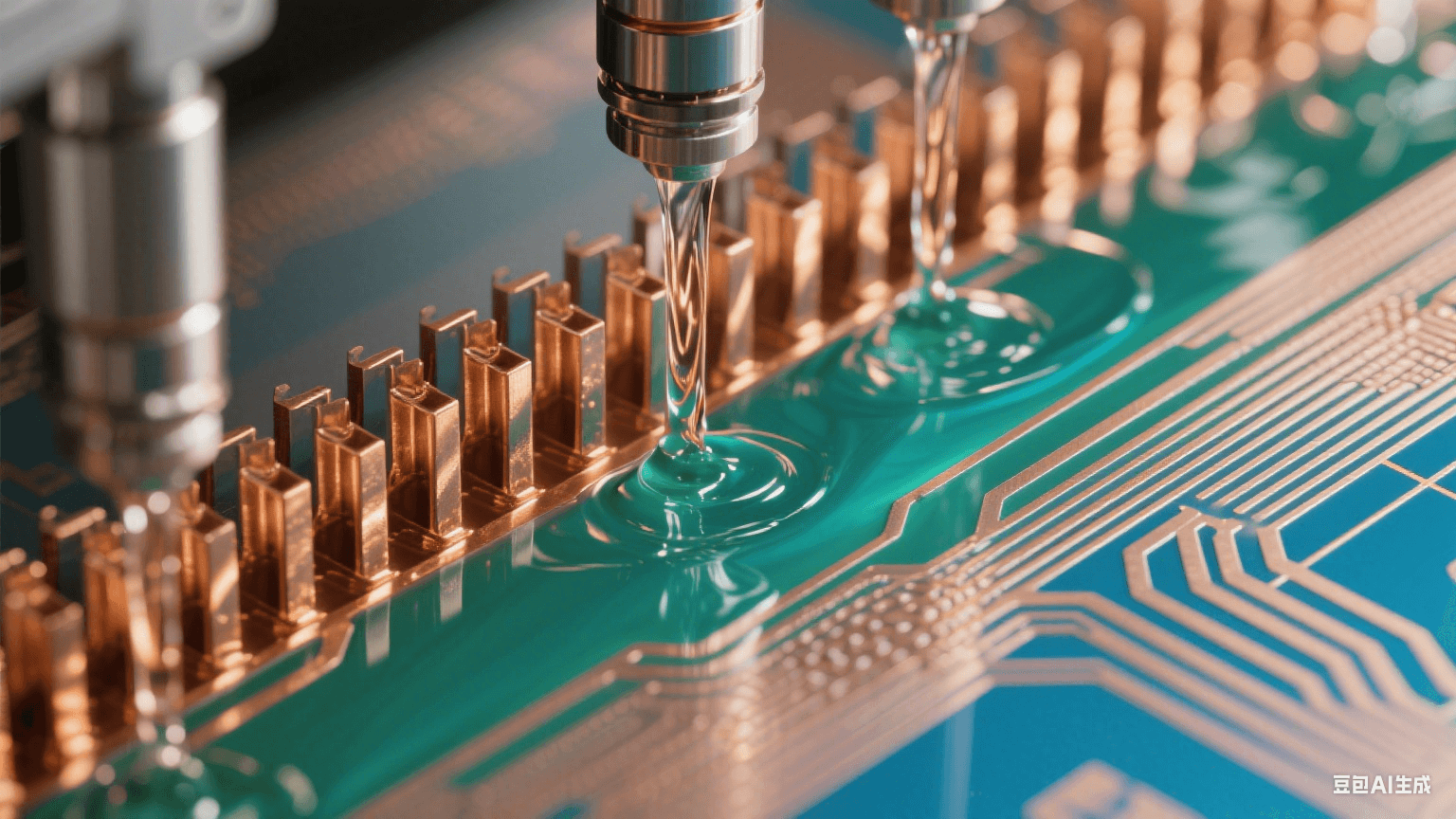 弱堿性蝕刻液流經(jīng)銅箔形成藍綠漸變流體場，微噴淋系統(tǒng)雕刻鏡面般金屬紋理（Ra≤0.1μm），顯微視角展現(xiàn)無鼠咬缺陷的熔金質(zhì)線路輪廓
