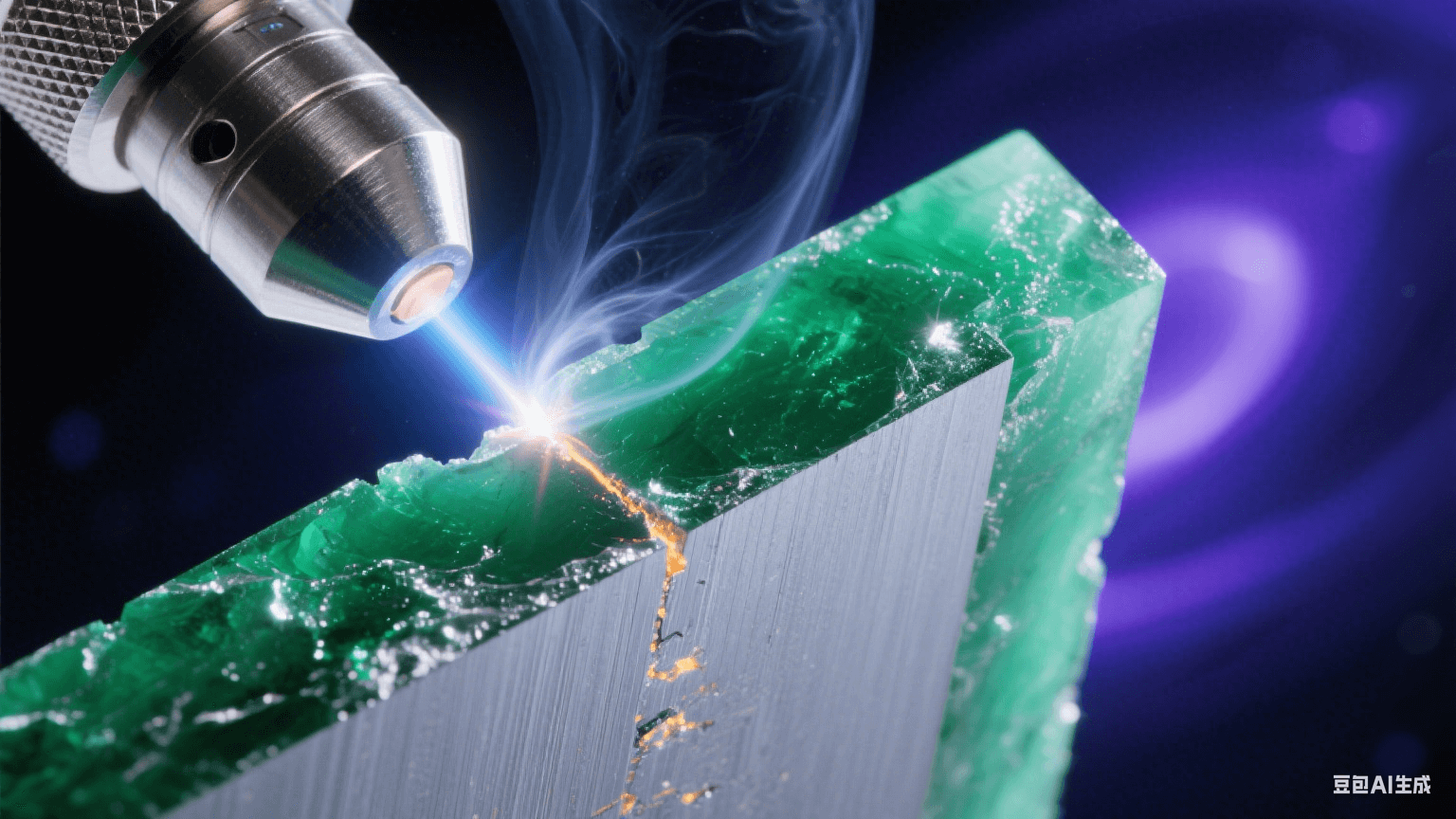紫外激光束切割翡翠綠高頻基材，熔融邊緣泛水晶光澤，截面顯微視角顯示分子級光滑表面（Ra≤0.3μm），氮氣冷卻流吹散煙塵，深空背景中藍紫光斑與金屬冷光交織