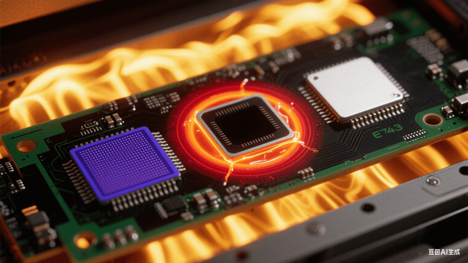 回流焊中 BGA 芯片三大缺陷熱成像：左下角虛焊（深藍低溫區(qū)）、右上角橋連（白熾熔融焊料）、中心空洞（紅黑環(huán)形熱梯度）