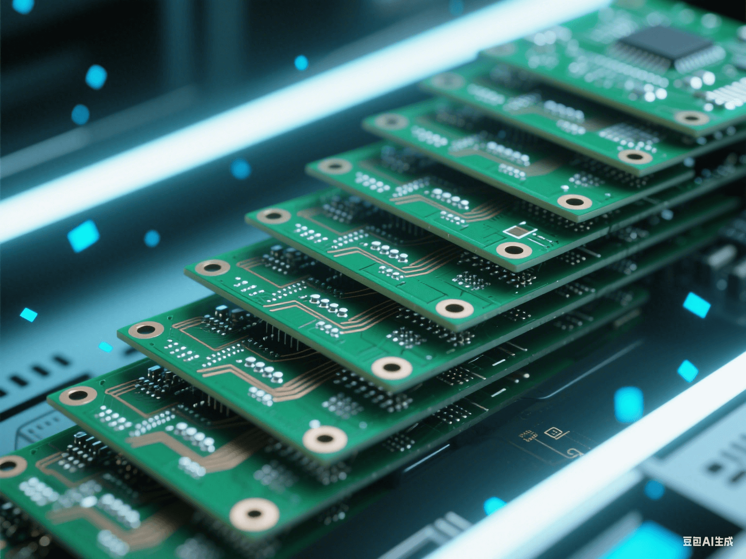 5G 基站內(nèi)部電路板局部，多塊 PCB 階梯狀堆疊，帶銀白色焊點(diǎn)與銅色走線，冷光下顯科技感