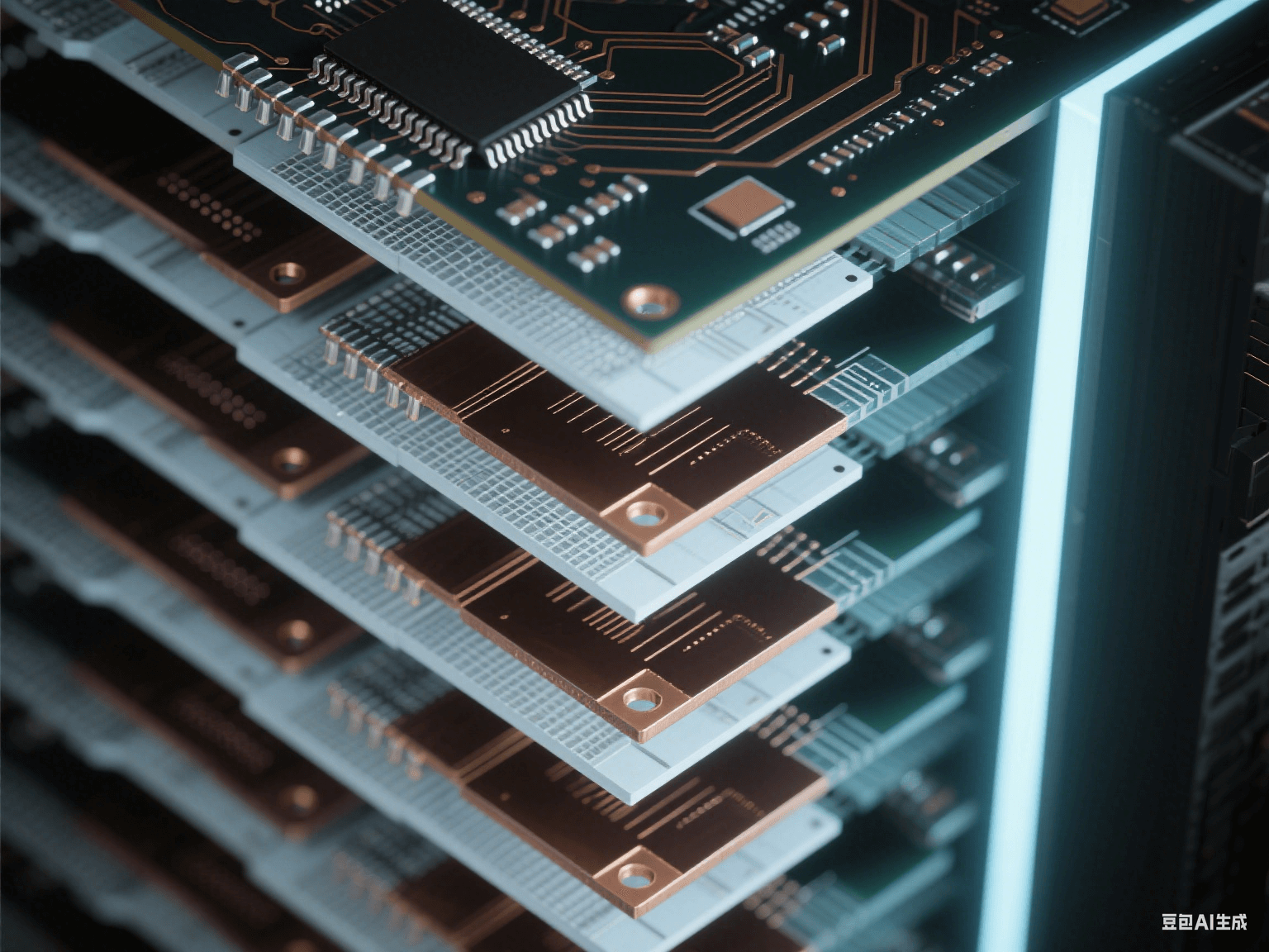 工業(yè)控制設(shè)備多層 PCB 垂直截面，8 層深淺交替結(jié)構(gòu)，帶傾斜金屬化通孔，冷光下顯工業(yè)科技氛圍