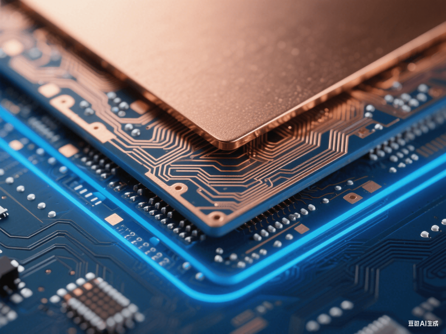 高速電路 PCB 信號層與電源層疊合，銅層帶細(xì)密走線，藍(lán)色背光下邊緣發(fā)光，顯層間結(jié)構(gòu)