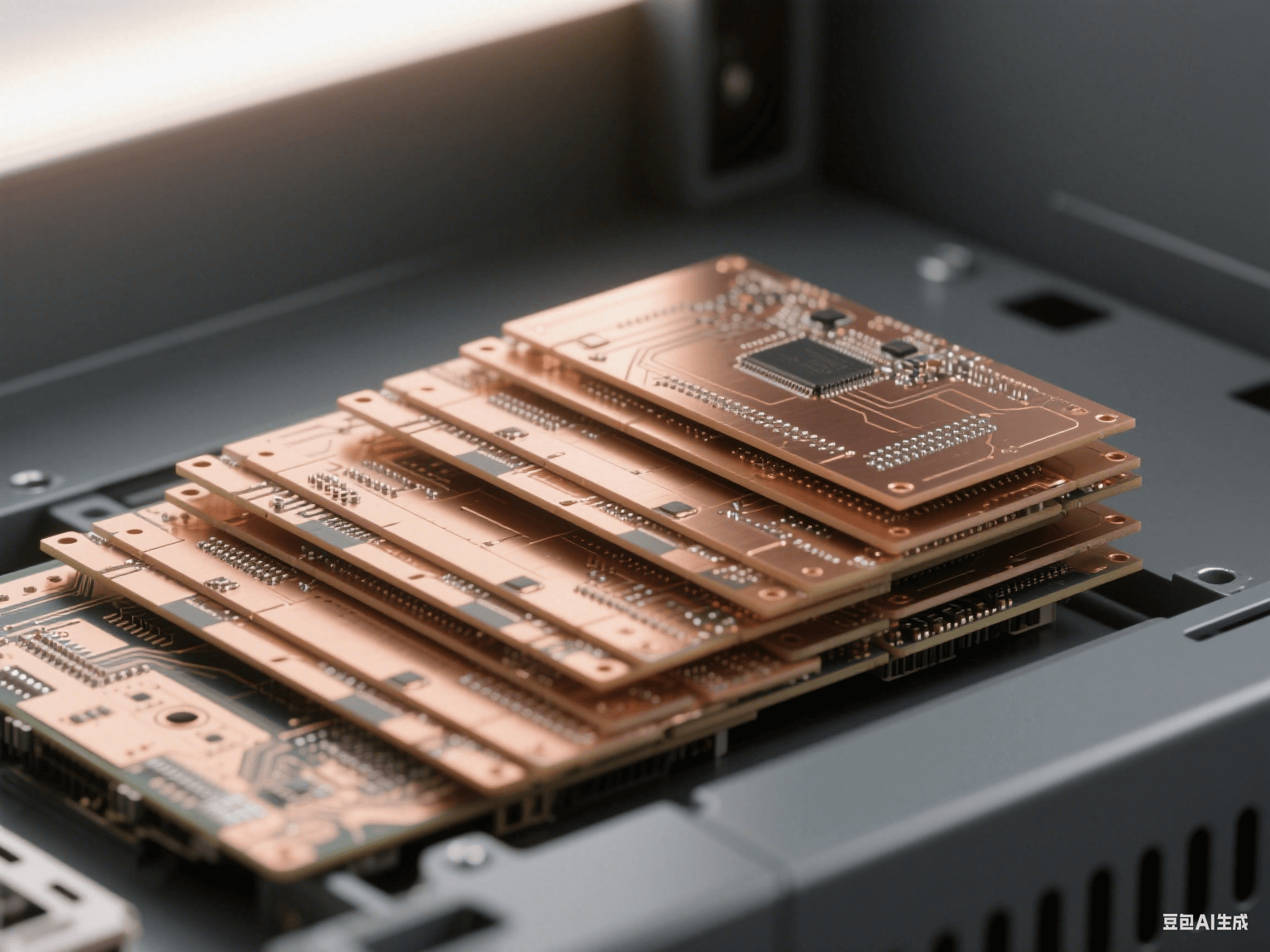 服務(wù)器機(jī)箱內(nèi) PCB 組件，多層水平排列，銅質(zhì)接地層側(cè)光反射，淺棕色介質(zhì)層顯層壓痕跡