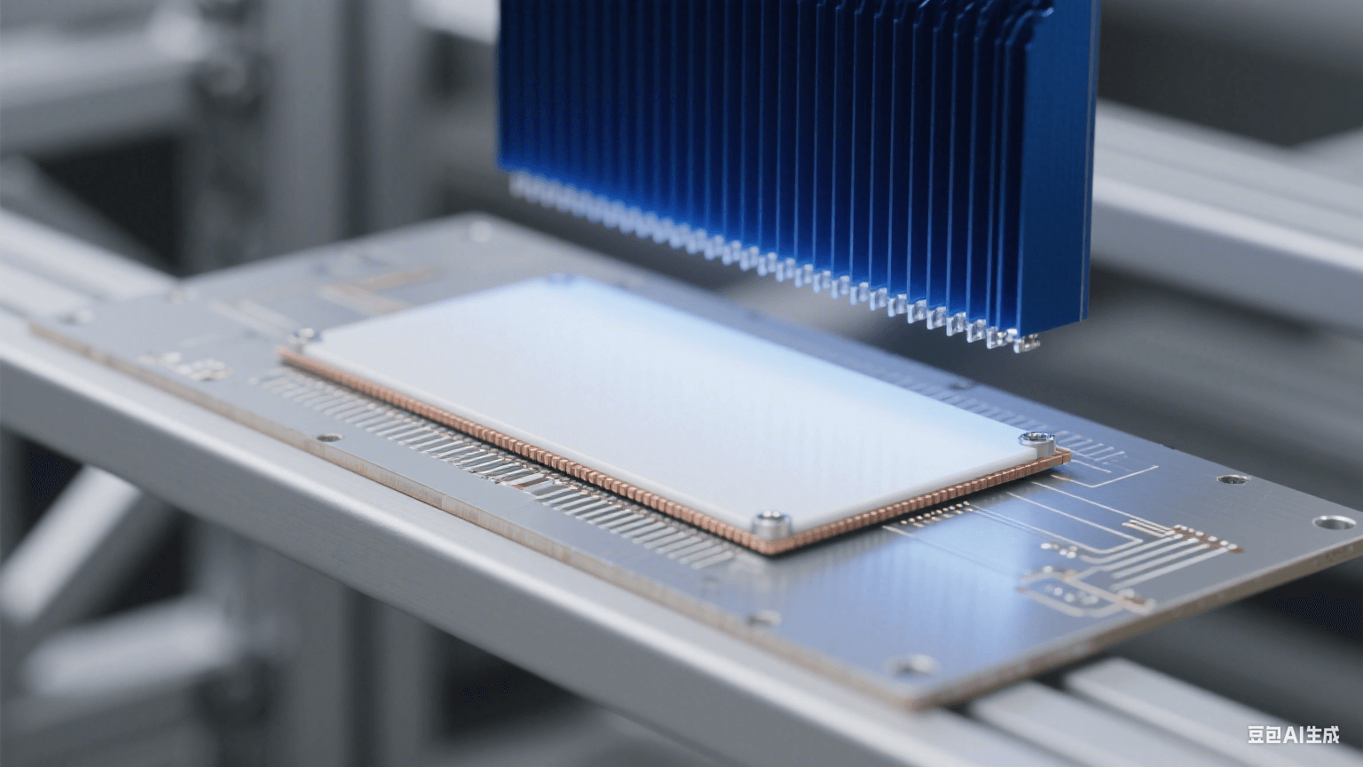 銀灰色鋁基板水平放置，表面覆白色陶瓷層，邊緣露出 0.5mm 銅箔線路；上方 3cm 懸深藍色散熱片，間有銀色導熱膏，頂部冷藍光形成銳利邊緣陰影