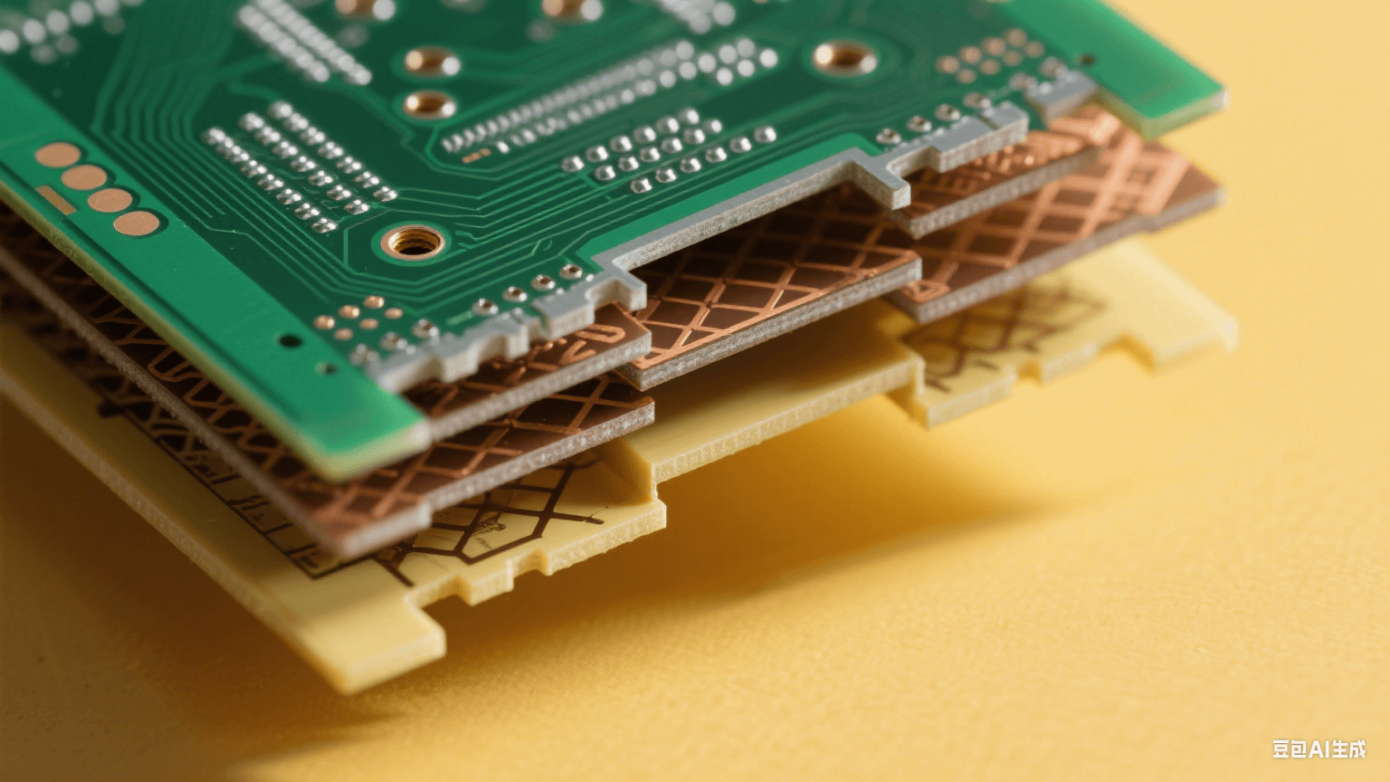 45° 傾斜多層 PCB，頂層深綠基板有 0.1mm 微孔（銀灰色金屬孔壁），中間層棕色半固化片埋孔與交錯銅箔網格，底層淺黃 FR-4 形成色彩對比，左側暖黃側光在層間投細長陰影