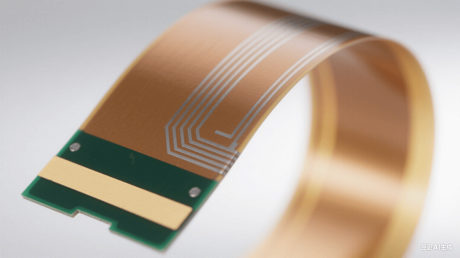 120° 彎曲的淺棕色 PI 薄膜表面有銀灰色銅箔線路（彎曲處連續），剛性部分為深綠色 FR-4，連接處有淺黃補強板