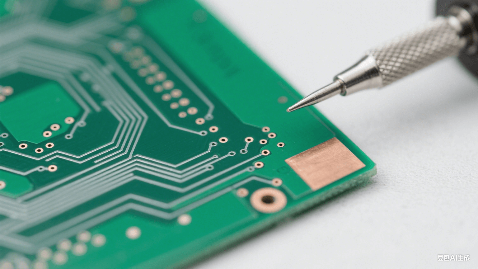 綠色 FR-4 基板上有銀灰色細密銅線路（邊緣光滑）與 0.05mm 微孔，一角露出羅杰斯 RO4000 淺棕色層壓結構，冷白光下銅箔反光，背景為虛化淺灰工作臺，磨砂金屬探針局部接觸基板