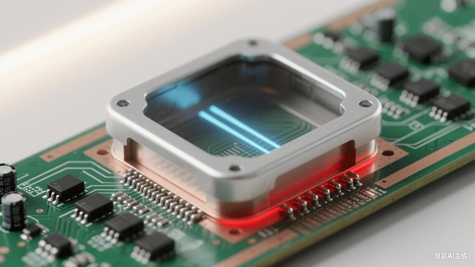 EMC 屏蔽與抗干擾：毫米波雷達板局部，銀灰色屏蔽罩封閉高頻區（底部與接地銅箔縫隙＜0.1mm），罩外深綠基板上有黑色高頻電容 / 磁珠陣列，銀灰線路與高頻線路被淺棕隔離帶分隔