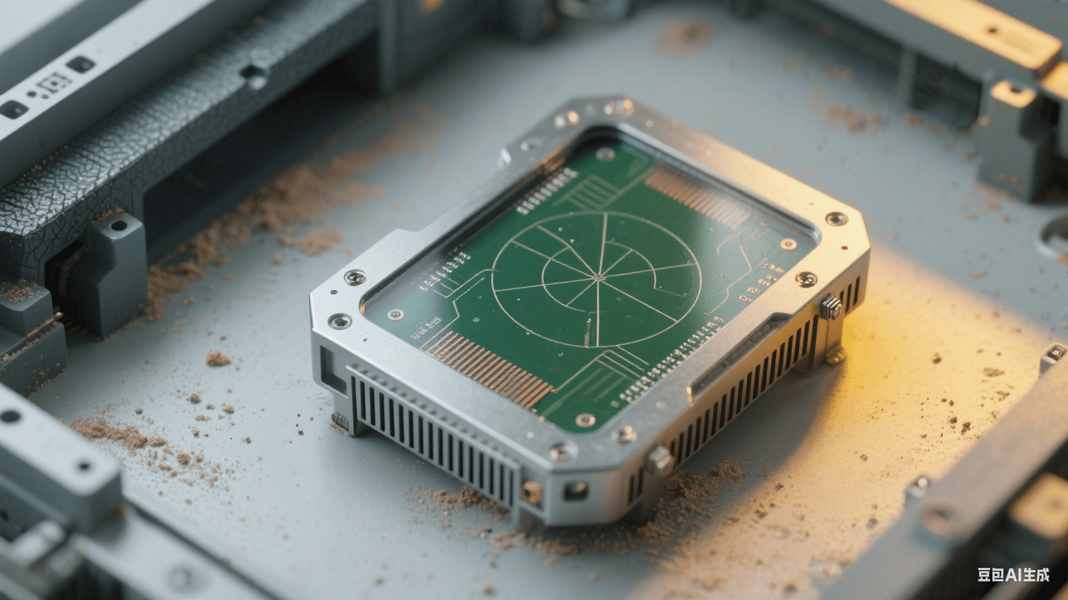 工業毫米波雷達板環境：深綠色雷達板傾斜嵌入淺灰設備，表面覆透明三防漆，銀灰色屏蔽罩帶接地彈片，周圍有細微粉塵顆粒，深灰金屬支架帶振動紋理