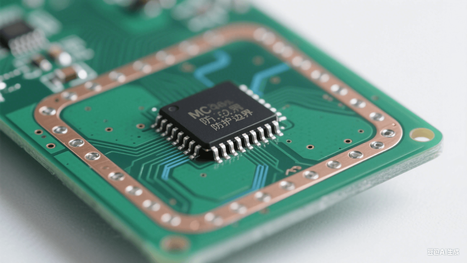 設(shè)計(jì)階段靜電防護(hù)：深綠色 PCB 邊緣有裸銅防護(hù)環(huán)與接地過孔，中央芯片引腳與銅皮間距大，短直銀線接地面泛淡藍(lán)光，冷白光照射顯精密