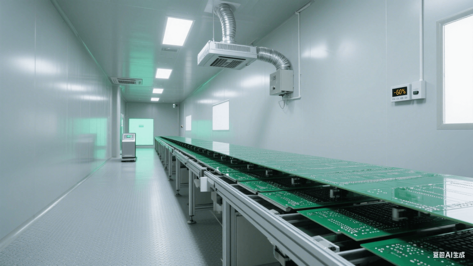高濕度防靜電：深綠色 PCB 在流水線，頂部銀色除濕裝置吹氣，淺灰防靜電地板，遠(yuǎn)處靜電場計(jì)泛綠光，冷灰側(cè)光顯干燥潔凈