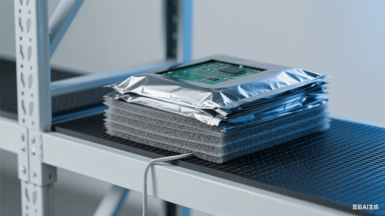 倉儲(chǔ)防靜電包裝：淺灰貨架鋪黑色橡膠墊（連銀色接地線），鍍鋁屏蔽袋包裹 PCB，層間夾灰色珍珠棉，冷藍(lán)光凸顯屏蔽防護(hù)